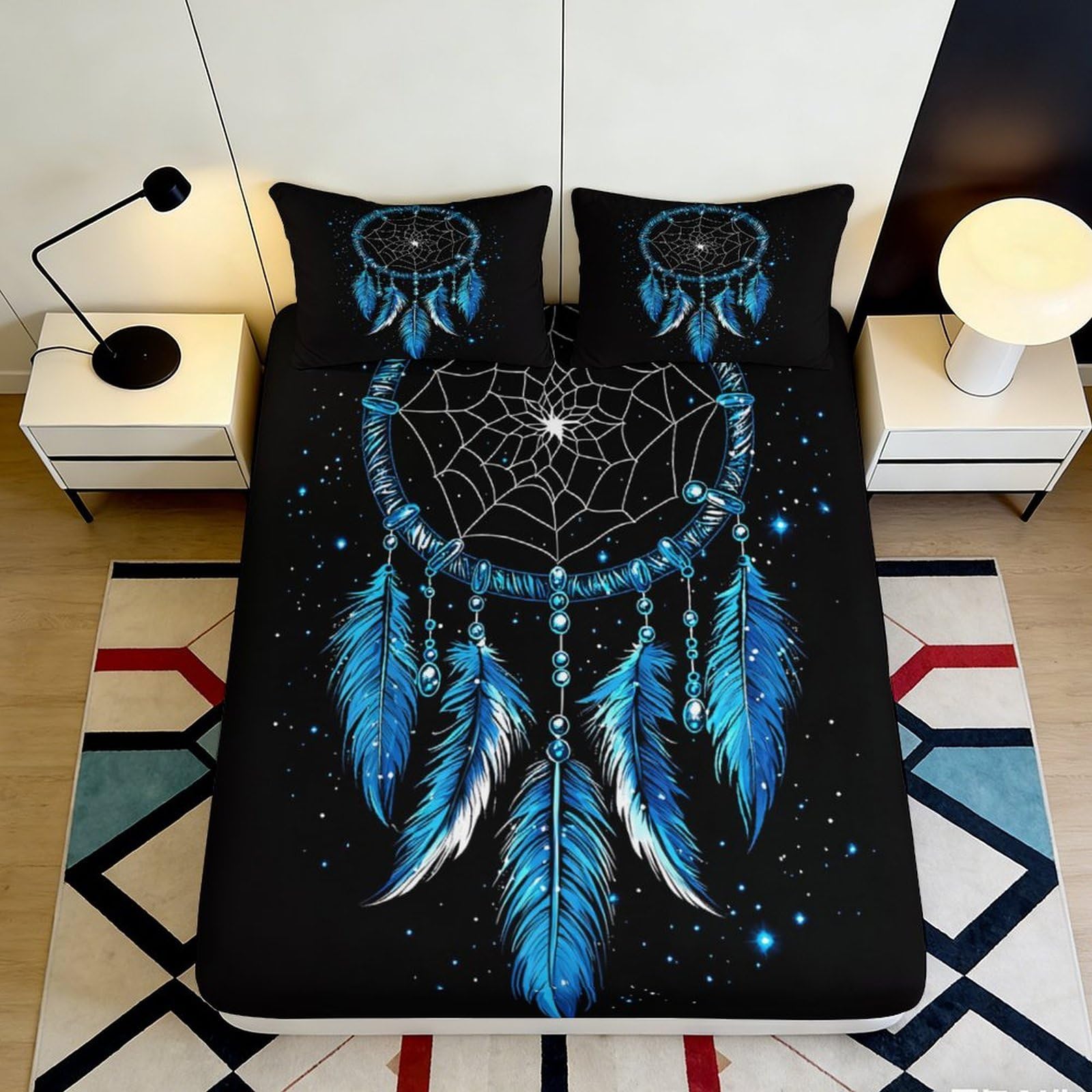 3D Printed Dreamcatcher Fitted Sheet Microfiber Blue Feather Design 90x200cm Bed Sheet Cosmic Night Mattress Cover for Home Dorm Guest Room 140x200x25cm