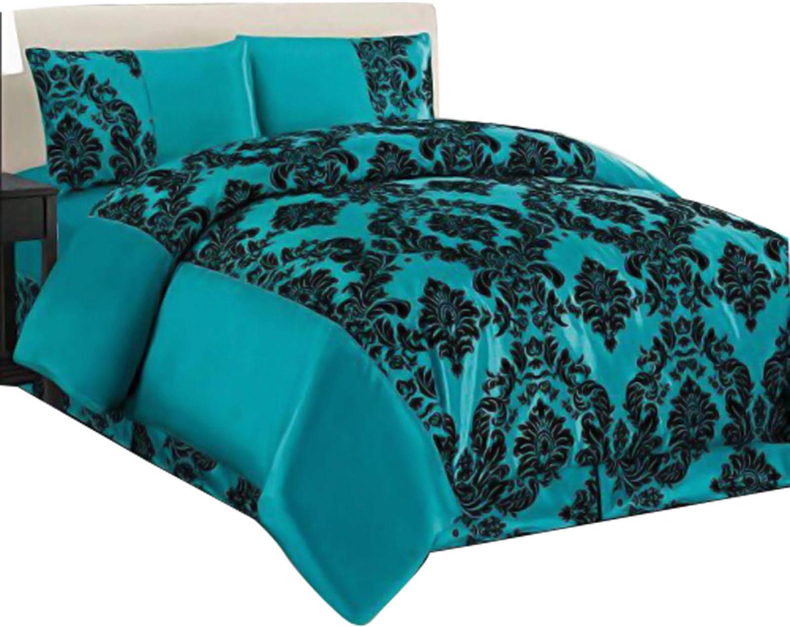 Super Luxury Damask Flock 4pcs Complete Bedding Sheet Set - 2 Pillow Cases/Valance Sheet/Quilt Cover - Cyan Teal Black (King Bed)