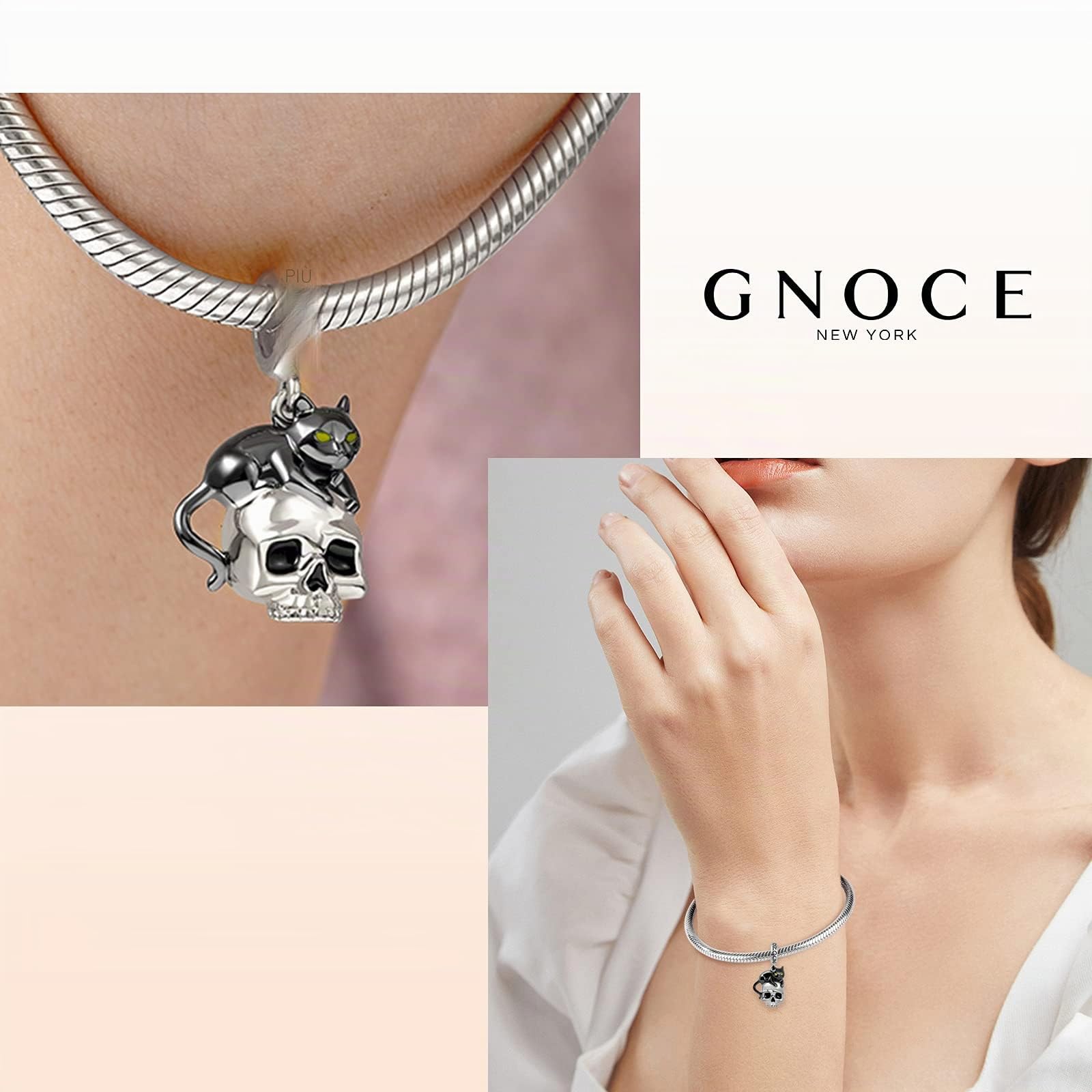 GNOCE Ciondolo a forma di gatto nero con teschio, in argento Sterling placcato oro 18 carati, adatto per braccialetto/collana per donne, ragazze, mogli, figlie