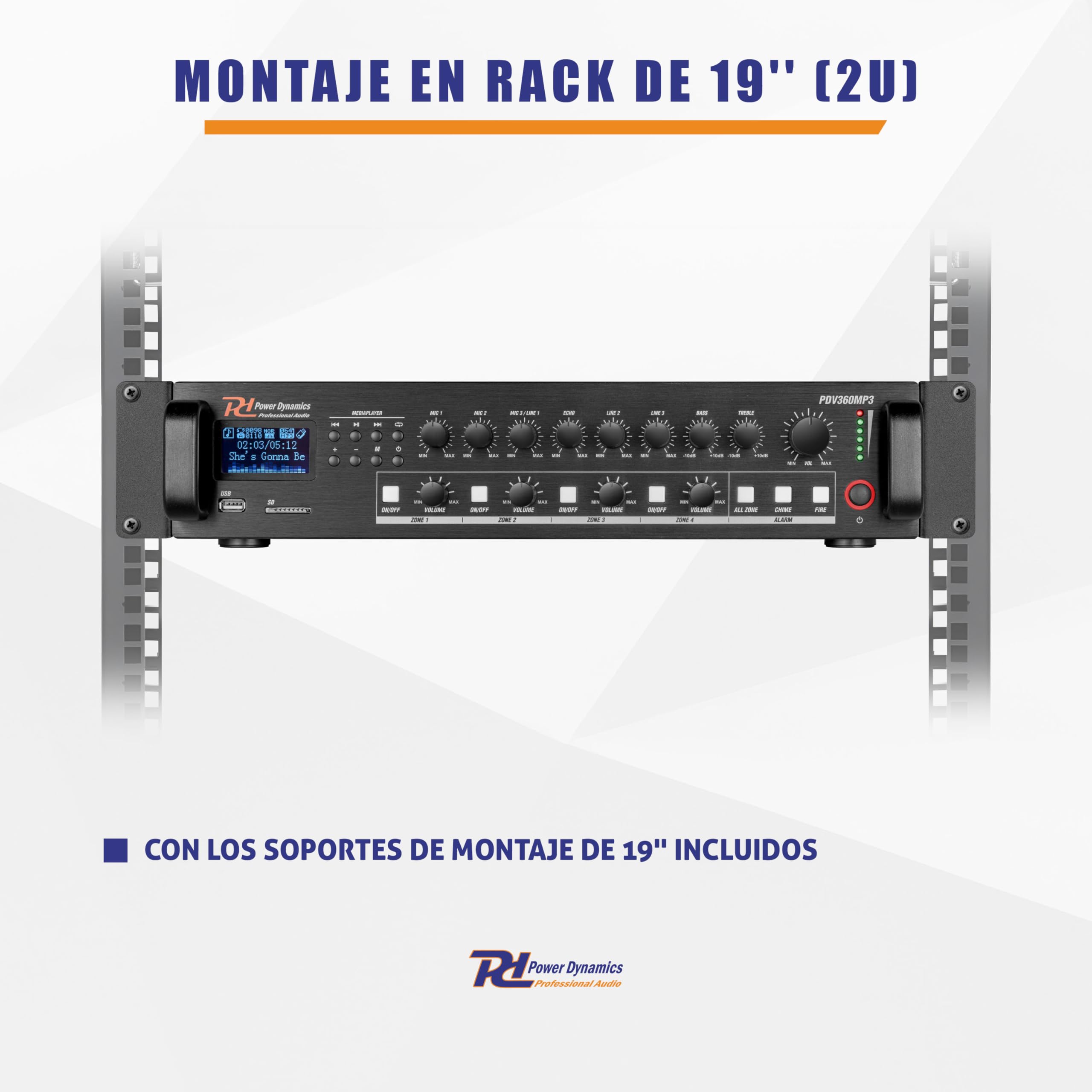Power Dynamics BHW50BK + PDV360MP3 – Pack de 12 Altavoces Pared 5.25” 100V IPX5 con Amplificador 360W 4 Zonas Bluetooth USB SD FM y Cable 100m Sistema megafonia Profesional, Color Negro