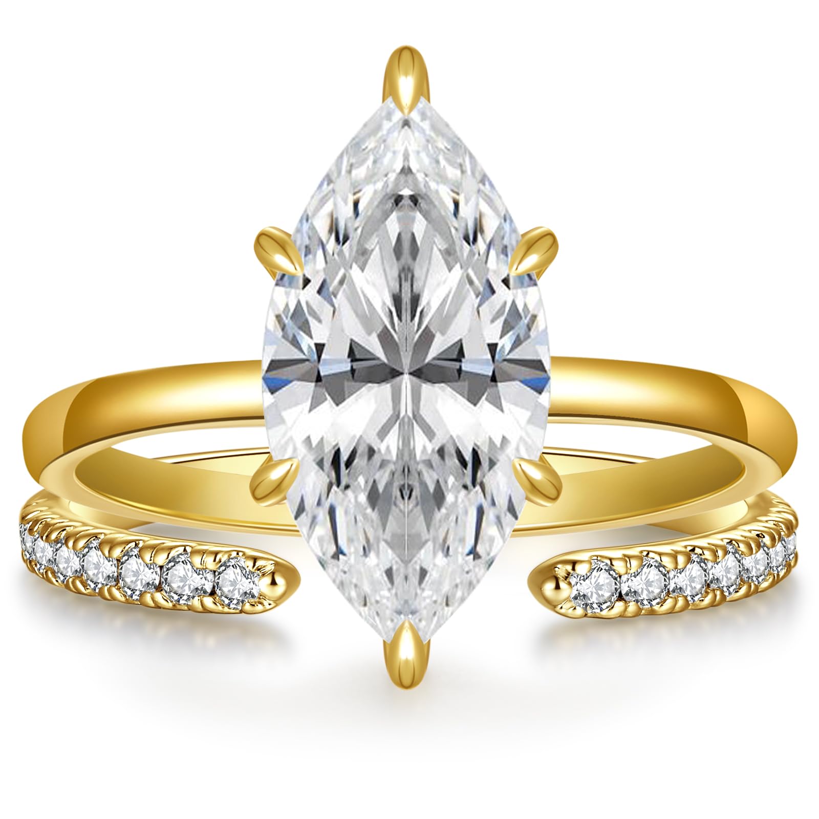 AVECON 3.5CT Marquise Cut Engagement Ring Set for Women, Wedding Promise Cubic Zirconia Band, 14K Gold/White Gold Plated Stackable Adjustable Bridal
