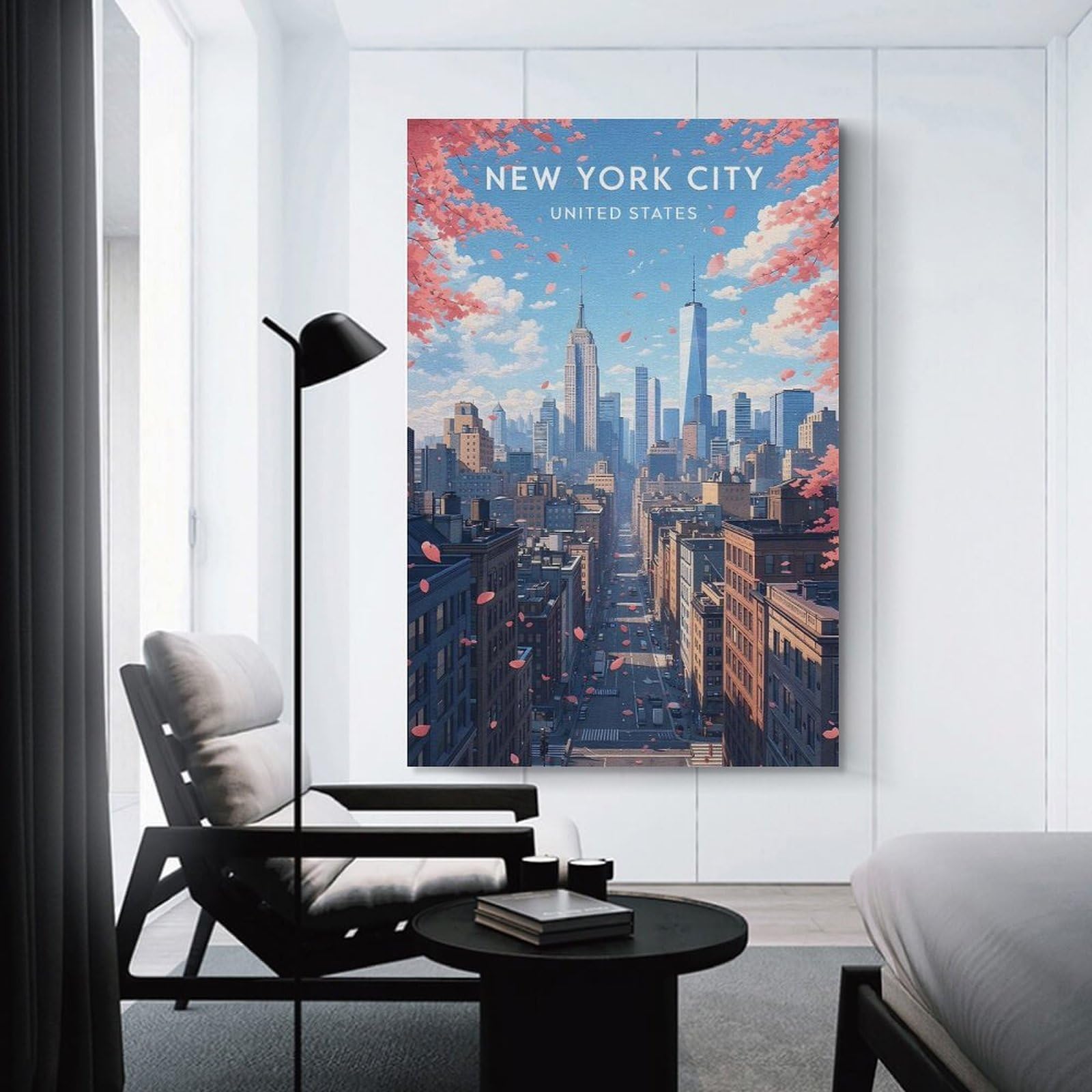 Junmoney Unframe-Style-1-1 Canvas Wall Art New York City Skyline With Cherry Blossoms, 12X18inch(30X45cm), For Bedroom, Lounge Or Dressing Area, Canvas Wall Decor For Personal Spaces
