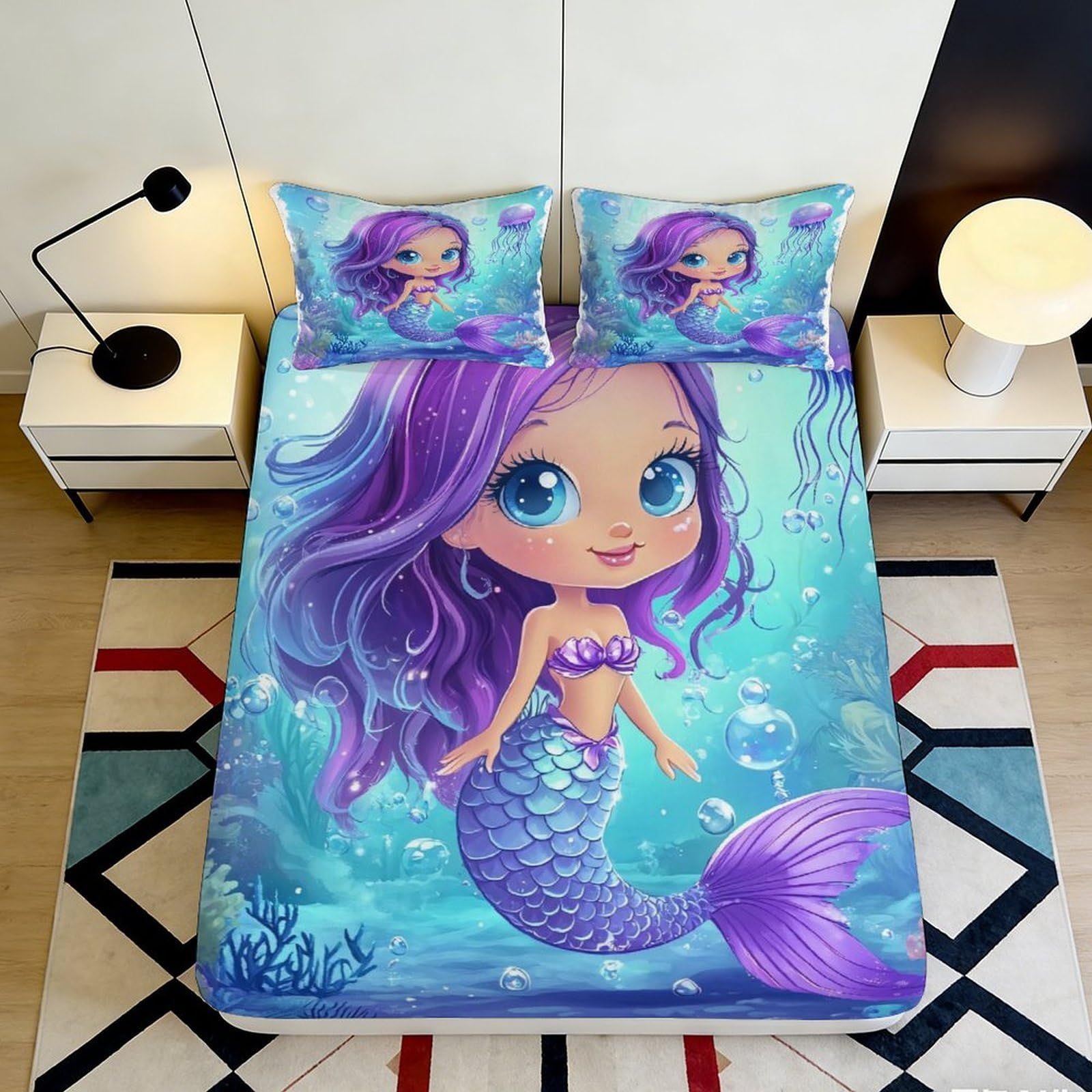Jqzkxnhpbr Style-6 3D Printed Mermaid Fantasy Fitted Sheet Microfiber Soft Bedroom Decor Purple Ocean Bed Cover For Home Dorm Mattress Protection 90X200x25cm
