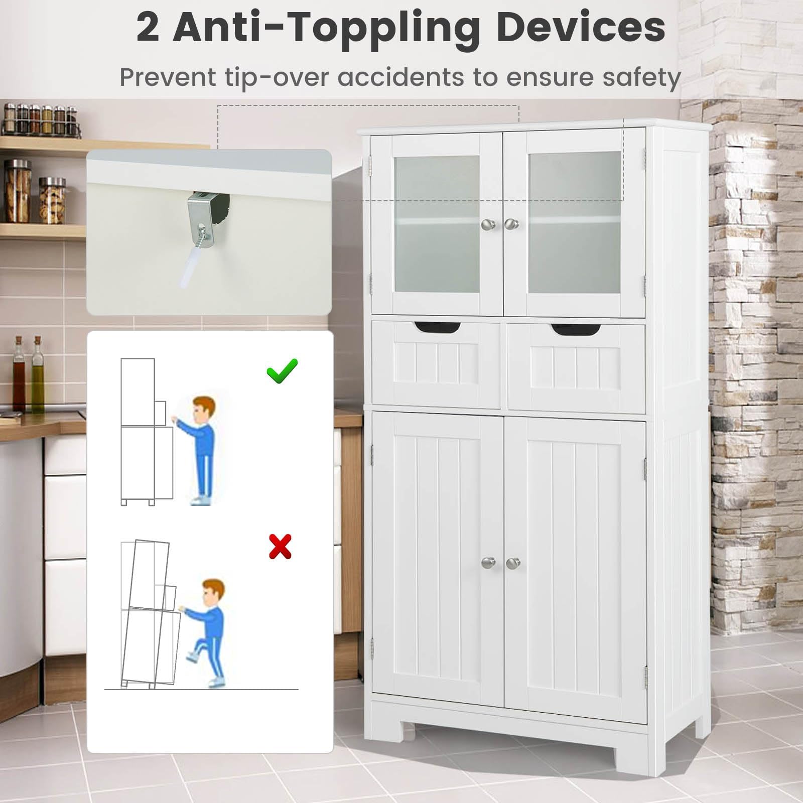 LIFEZEAL Armario Suelo de Baño, Mueble de Baño con Estantes Ajustable, Mueble de Almacenaje con Cajones y Doble Puerta, Mueble Lateral Multifuncional para Cocina (Blanco)