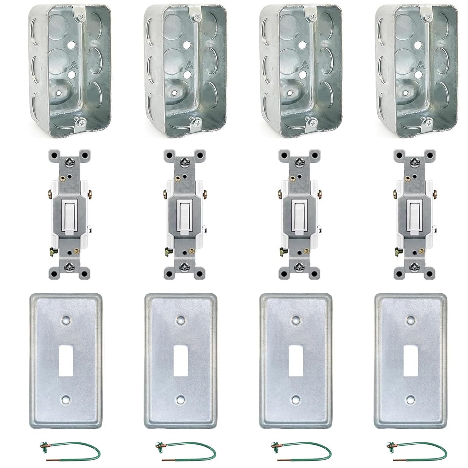 (4 Pack) Outlet Box Kit, 2x4'' Utility Electrical Box, Tamper Resistant 15 Amp Toggle Switch, Toggle Switch 2x4'' Cover, Green Pigtail Grounding Wire and Screw, Ten 1/2'' Knockouts