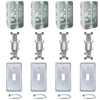 4 Pack Outlet Box Kit, 2x4 Utility Electrical Box, Tamper Resistant 15 Amp Toggle Switch, Toggle Switch 2x4 Cover, Green Pigtail Grounding Wire and Screw, Ten 1/2 Knockouts