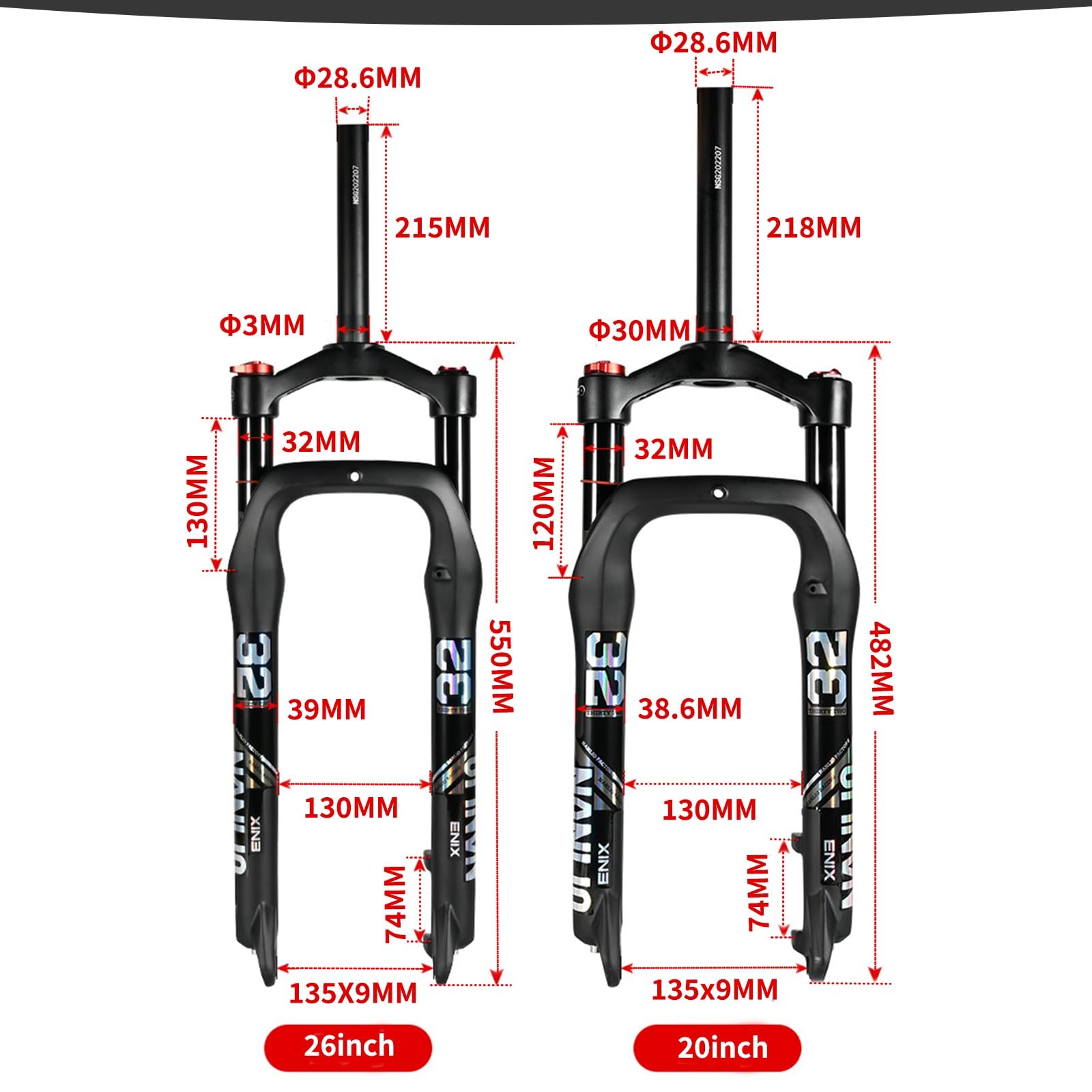 Fourche à air pour VTT Snow Bike 20/26 Pouces, Suspension VTT 4.0, pneus Larges, Plage, Crossover, vélos électriques, Frein à Disque Avant 1 1/8" Droit, axe QR 9 mm