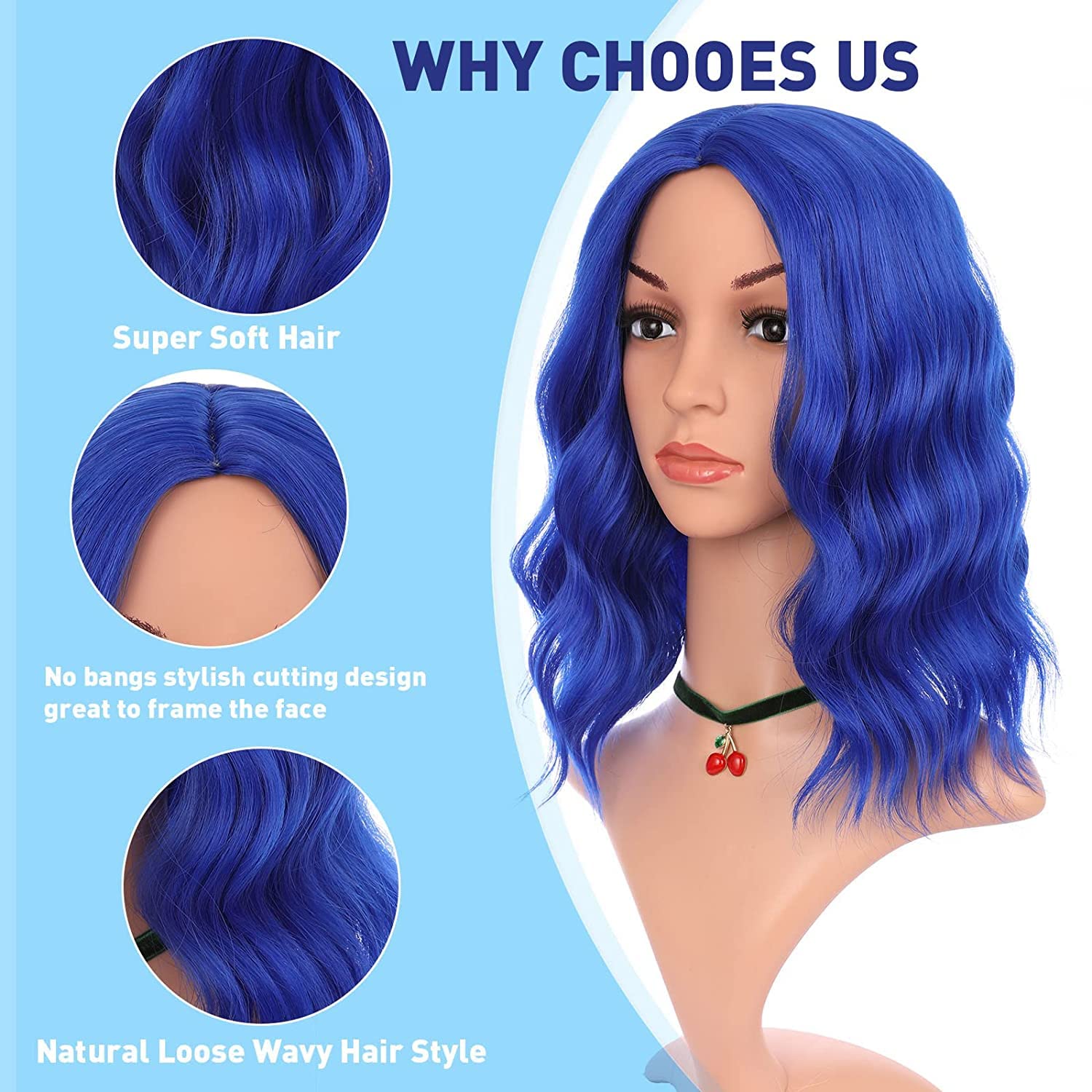 eNilecor Dark Blue Wig, Short Colored Wigs Bob Wig for Women, Natural Wavy Colorful 14 Inch Middle Part Synthetic Wig for Cosplay Party Costume(Dark Blue) - Image 3