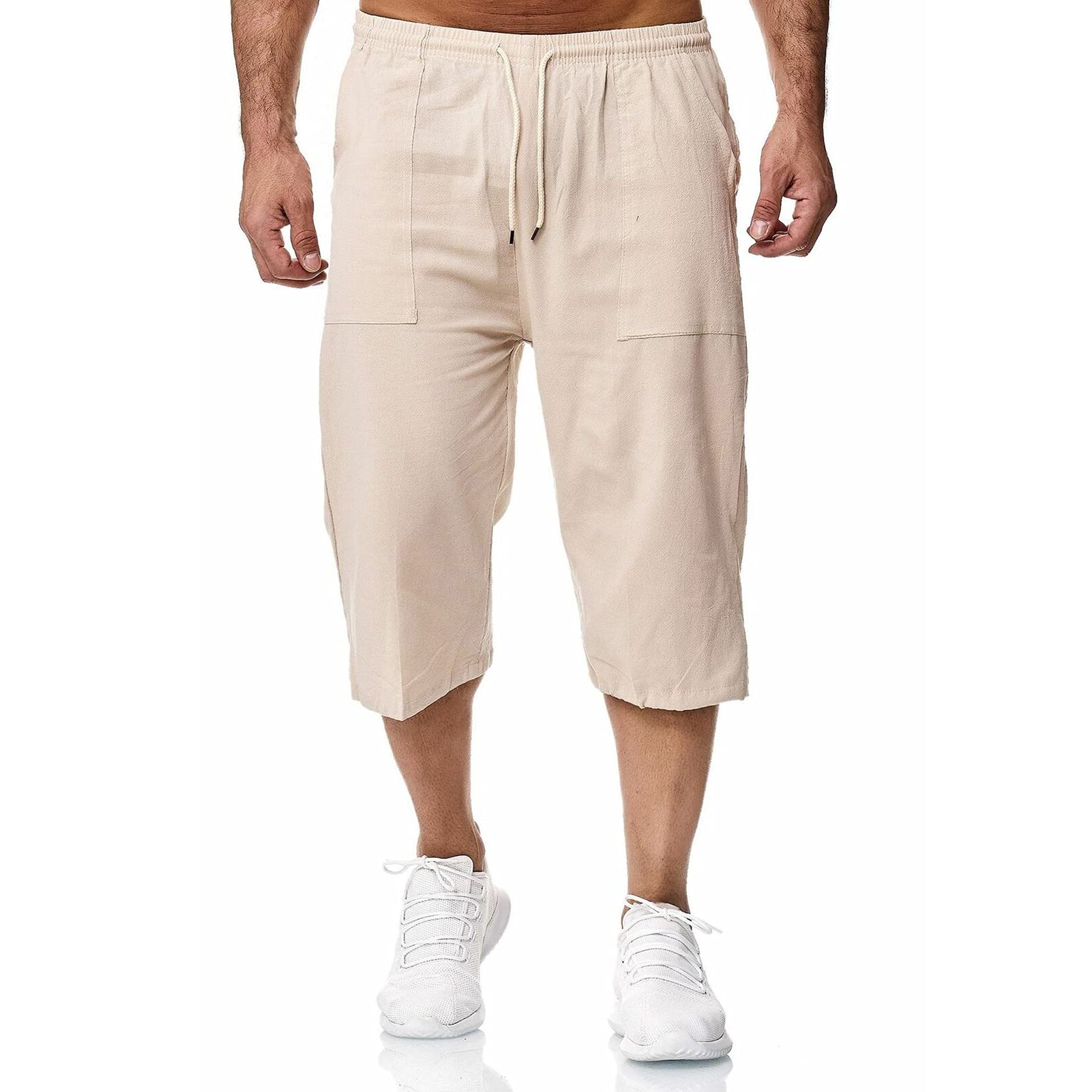 Remxi Uomo Lino Pantaloncini Shorts da Pantaloni Uomo 3/4 Cotone Lino Pantaloni Uomo Estate Vita Elastica La Spiaggia