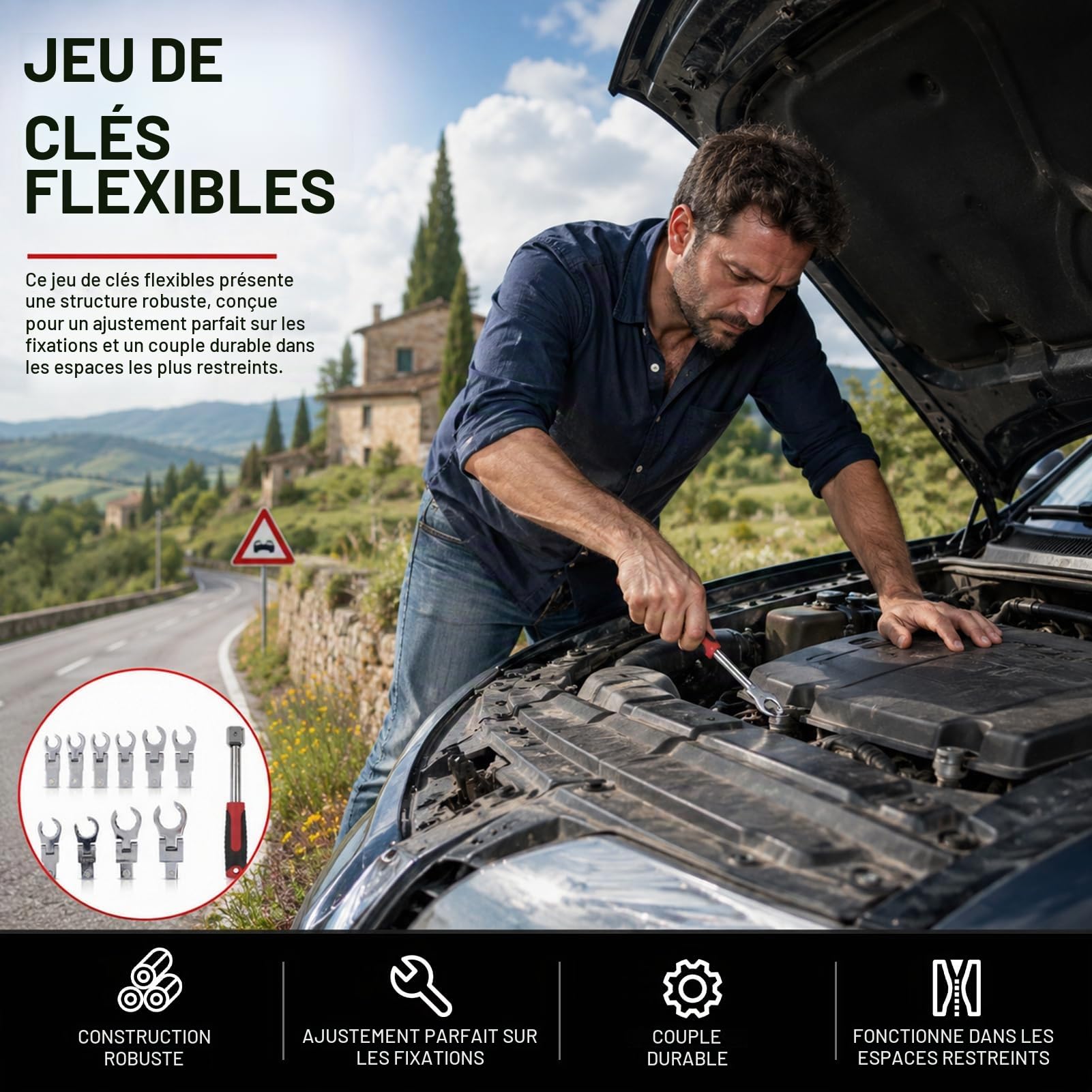 Jeu de Clés à Cliquet Articulées, Mixtes à Cliquet Tete Flexible, Lot de Clé Plate à Cliquet 8 pièces 9-19mm, en Acier au Chrome Vanadium avec Sac de Rangement