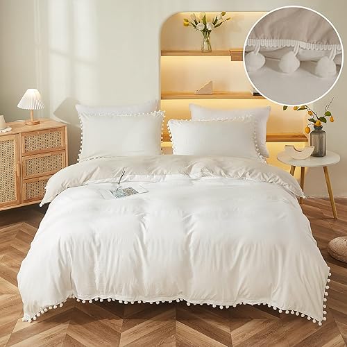 Miniatura 8 de Bedbay Juego de funda de edredón bohemia tamaño individual, diseño de casa de campo con bonito pompones, decoración estética de habitación para