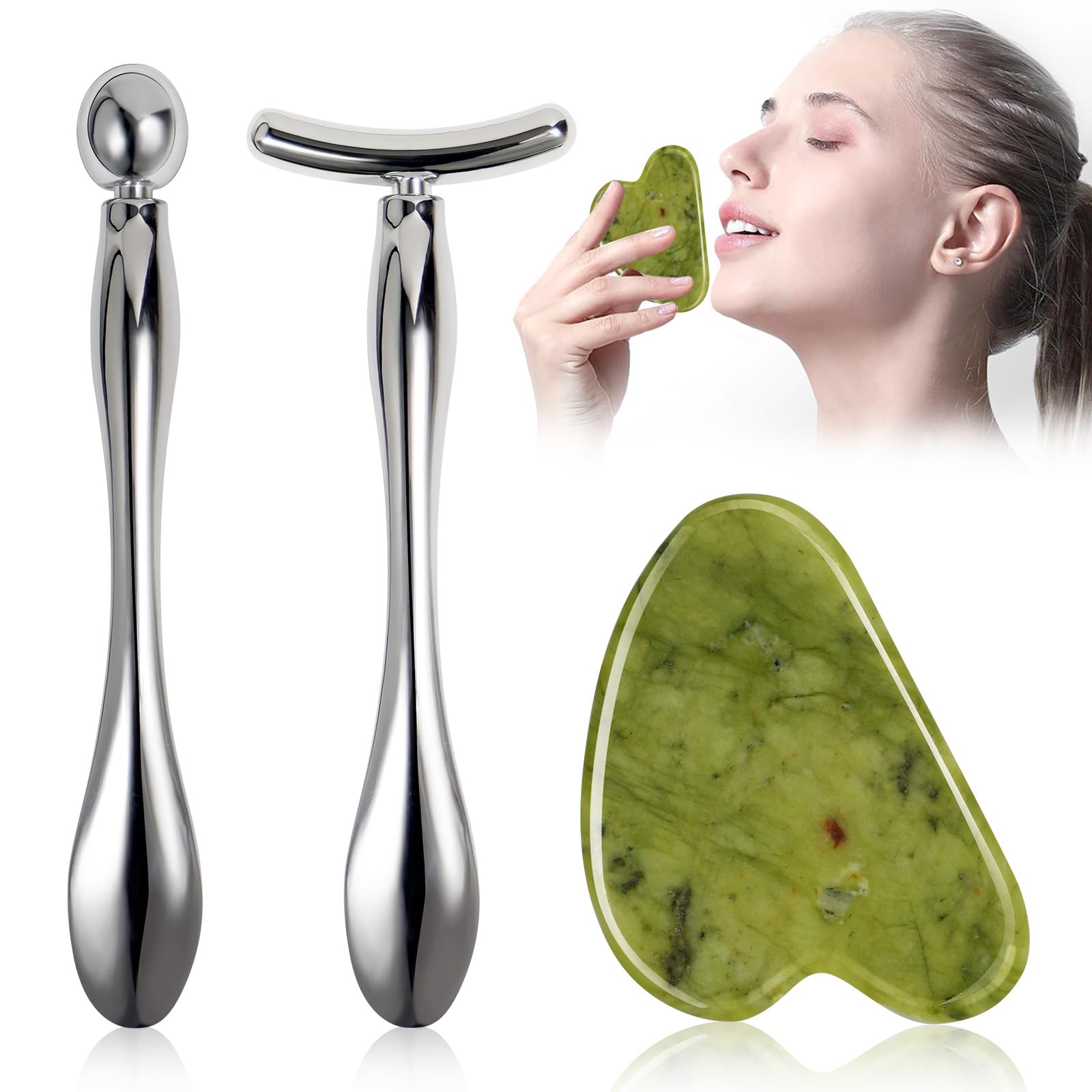 Juego de 3 herramientas Gua Sha Jade y Gua Sha de acero inoxidable para masaje facial, jade y piedra de masaje facial, masajeador para cara y cuello