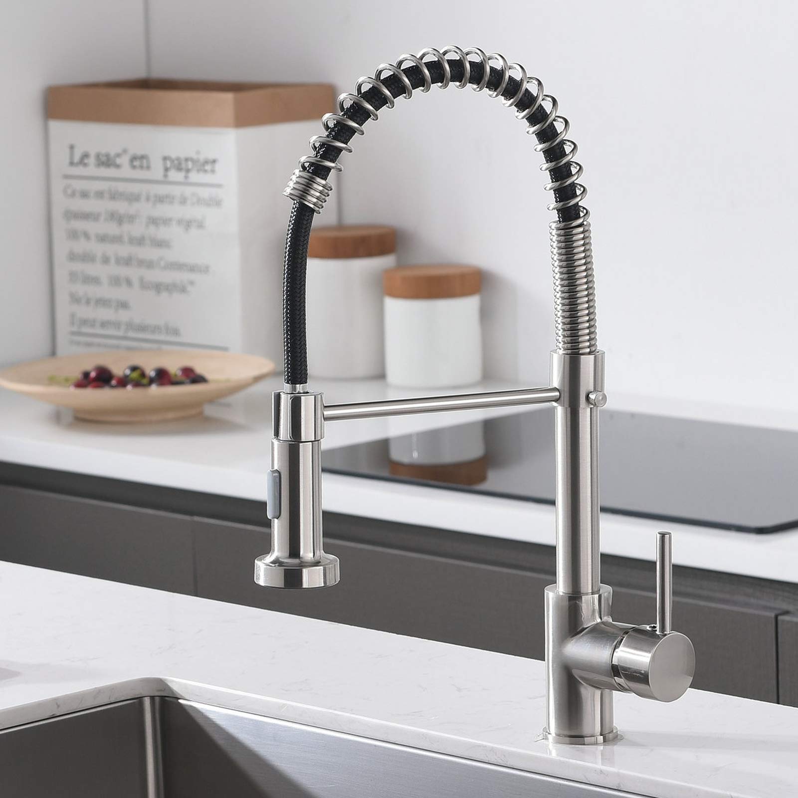 NEWRAIN2 Function Kitchen Mixer Taps with Pull Out Spray, Stainless Steel Sink Taps, High Arc 360° Swivel Brushed Nickel Kitchen Faucet