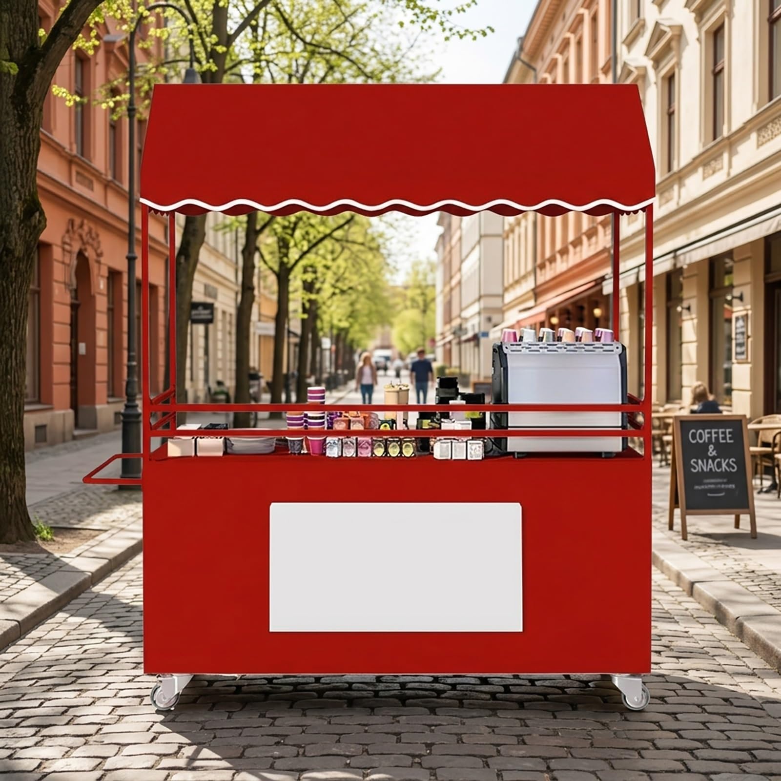 Przenośny Stojak Ekspozycyjny na Żywność–Mobilny Wózek z Zadaszeniem Wyposażony w Blokowane Kółka Idealny Dla Sprzedawców Zewnętrznych(Red,140x58x190cm)