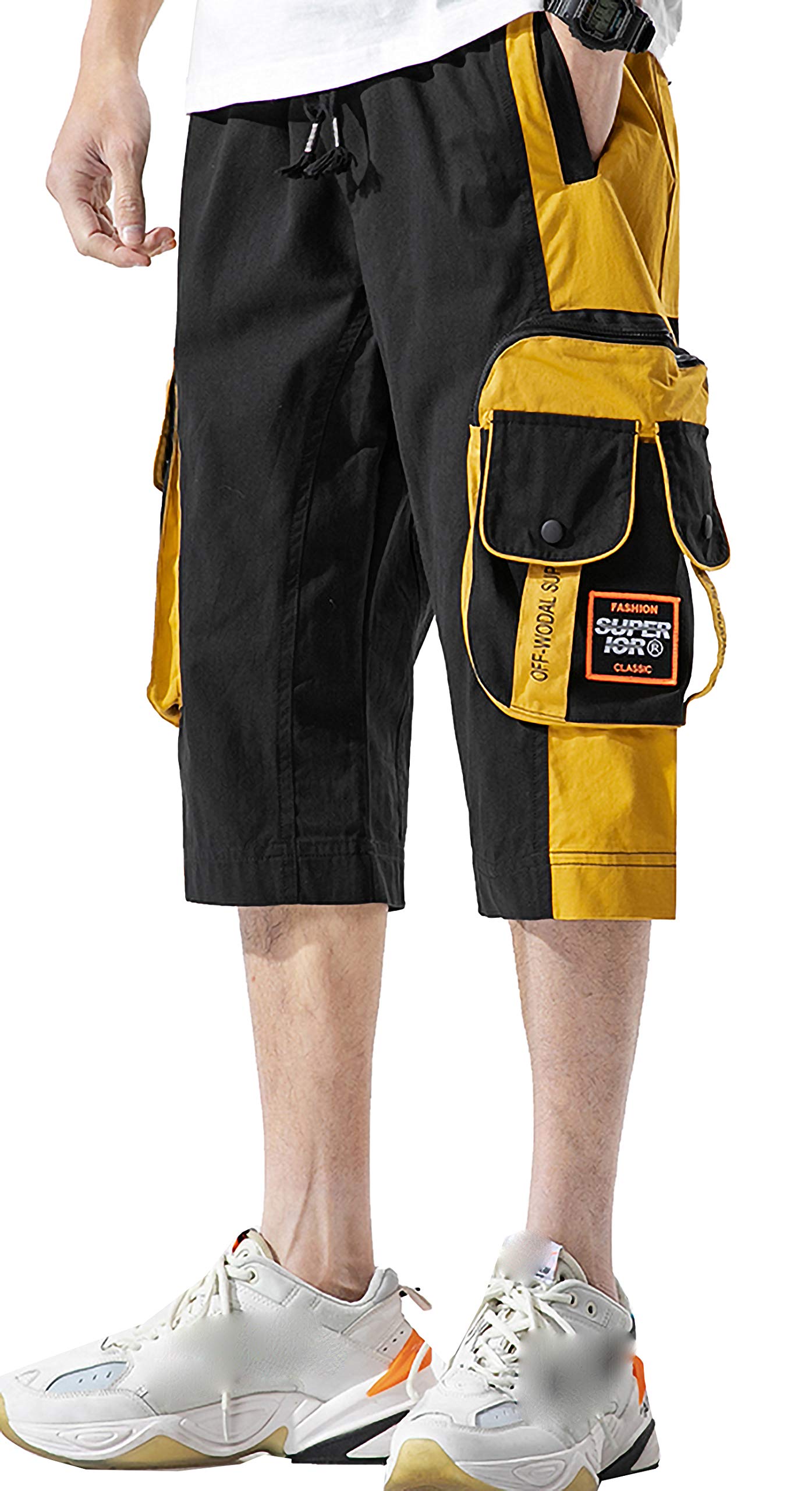 Men's Two Tone Elastic Waist Capri Pants Jogger Cargo Shorts with Multi Pocket