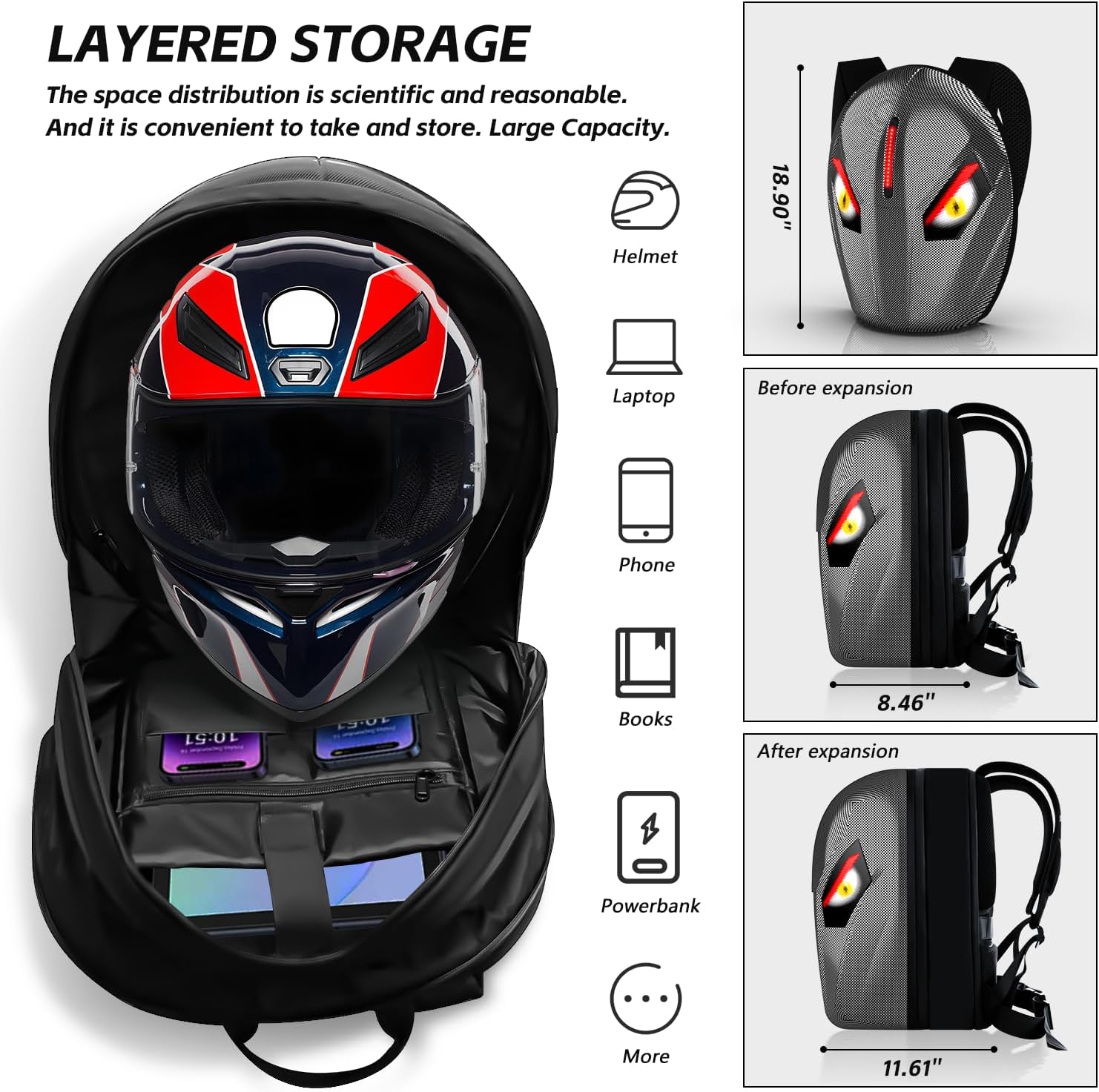 Motorcycle Backpack for Men, LED Backpack With DIY Programmable Full Color Screen, Hard Shell Large Capacity Waterproof Helmet Bag Laptop Backpack - Image 3
