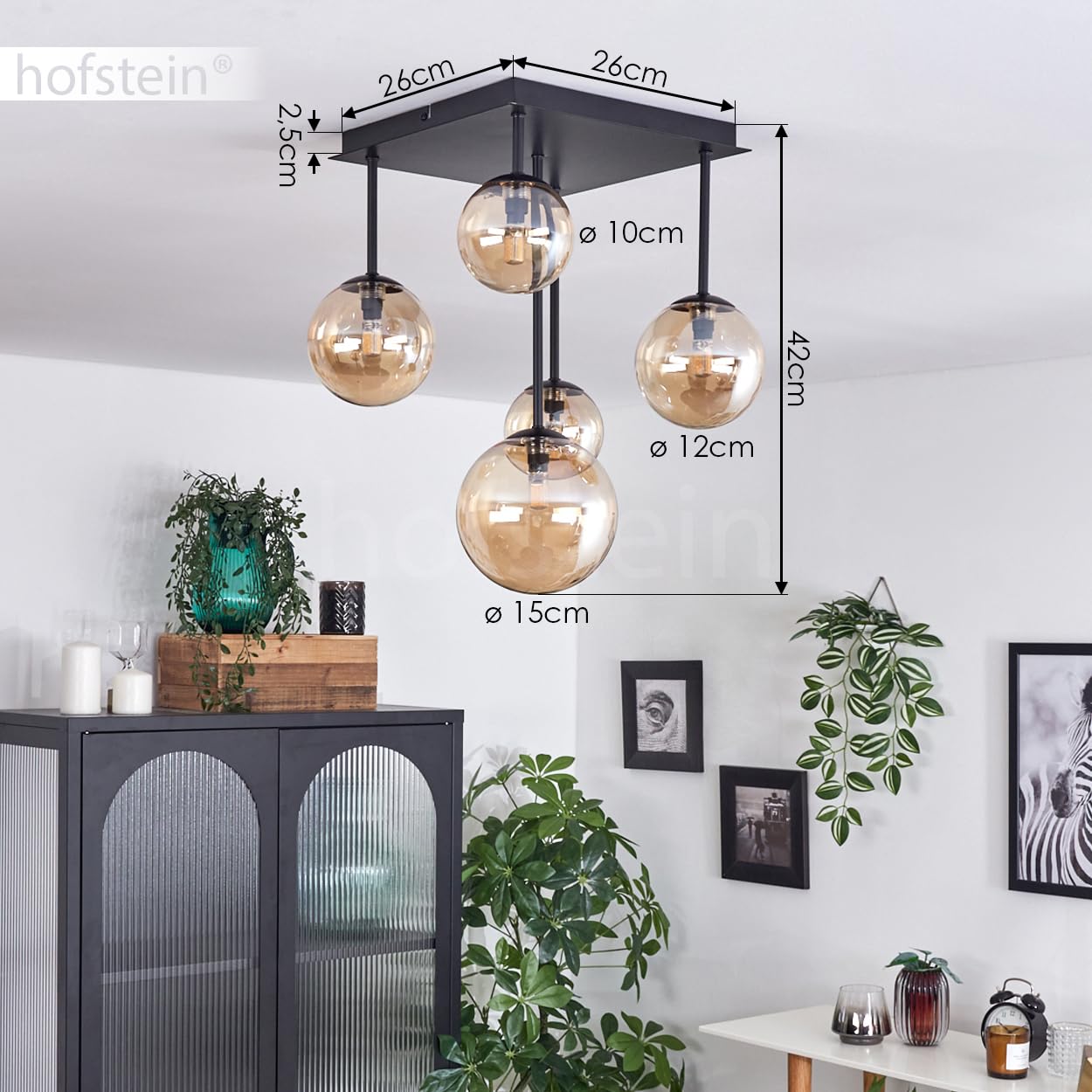HOFSTEIN Deckenleuchte Chehalis, Deckenlampe aus Metall/Glas in Schwarz/Bernstein, Leuchte im modernen Retro/Vintage-Design mit Schirmen aus Glas (Ø 10, 12, 15 cm), 5 x G9, ohne Leuchtmittel