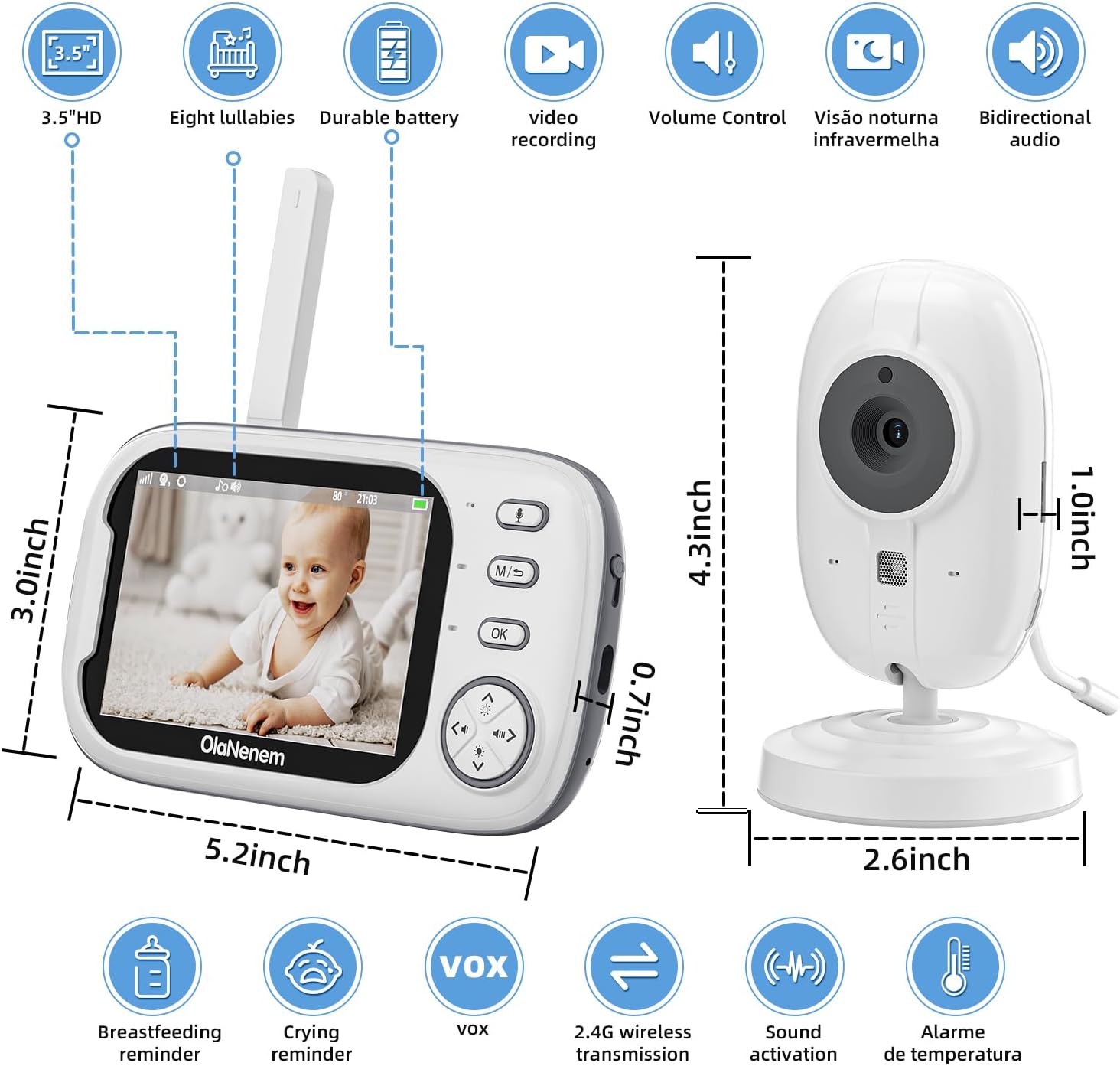 Babá Eletrônica Câmera sem Internet, Monitor de Bebê 3.5″ 720p, Áudio Bidirecional, Visão Noturna Automática, Zoom Digital 4x, VOX, Monitoramento de Temperatura, Canção de Ninar, Uso Interno