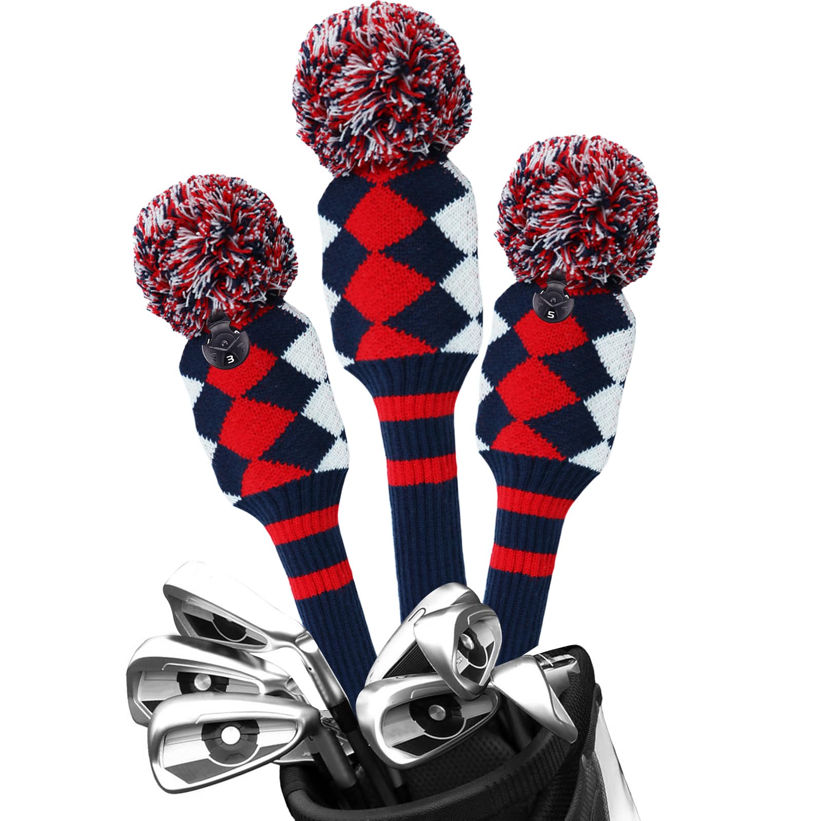 Golf Club Wood Head Covers Pom Value 1 3 Pack, Premium Knitted Driver and Wood Protection with Secure Elastic Fit, Stylish Classic Striped Design for Men & Women Choose (Blue&Red-3 Pcs (D+F+H))