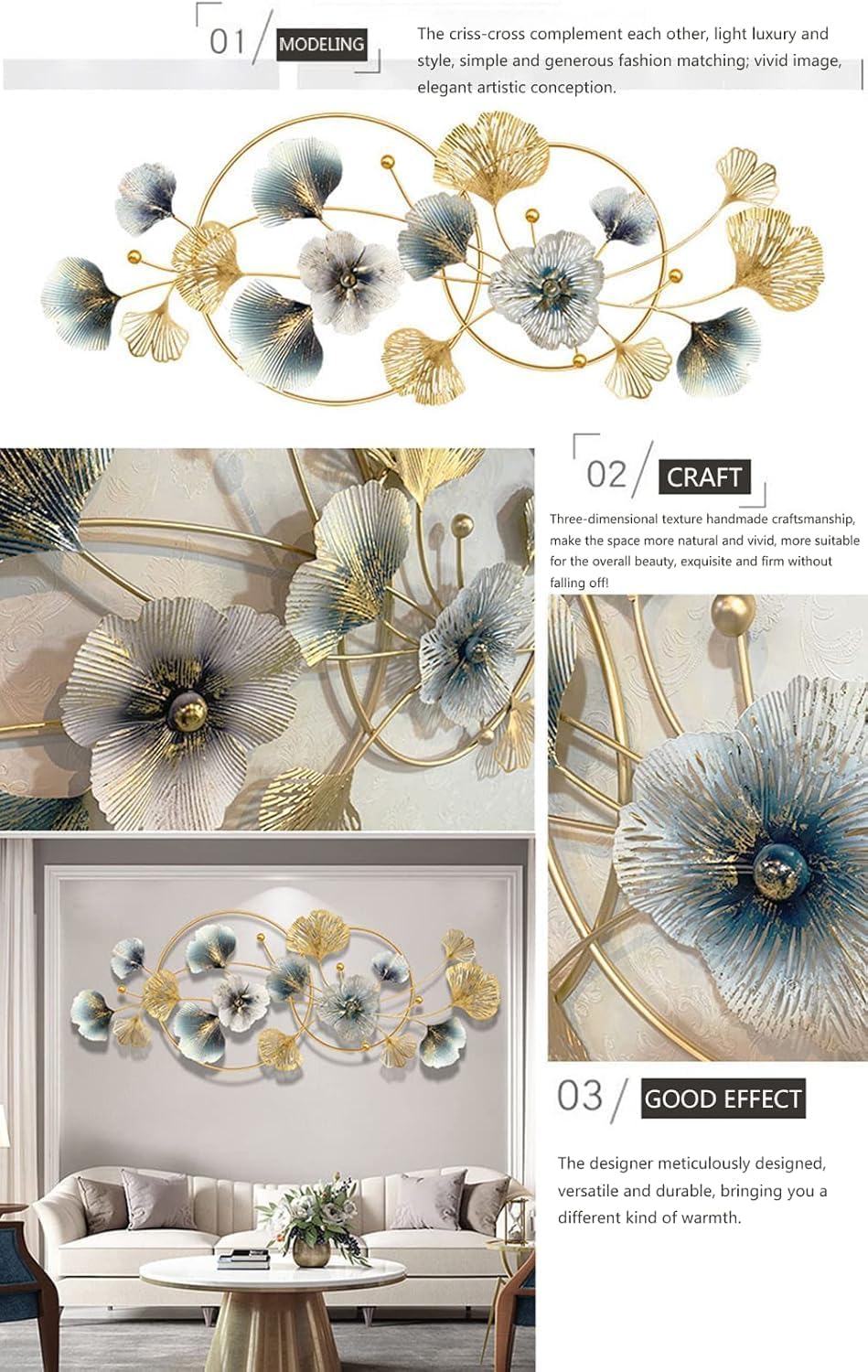 Genérico Decoración de pared de metal, arte de pared de metal para sala de estar, hojas azules doradas hechas a mano, escultura de dimensional 3D, decoración de para el hogar, 48 pulgadas