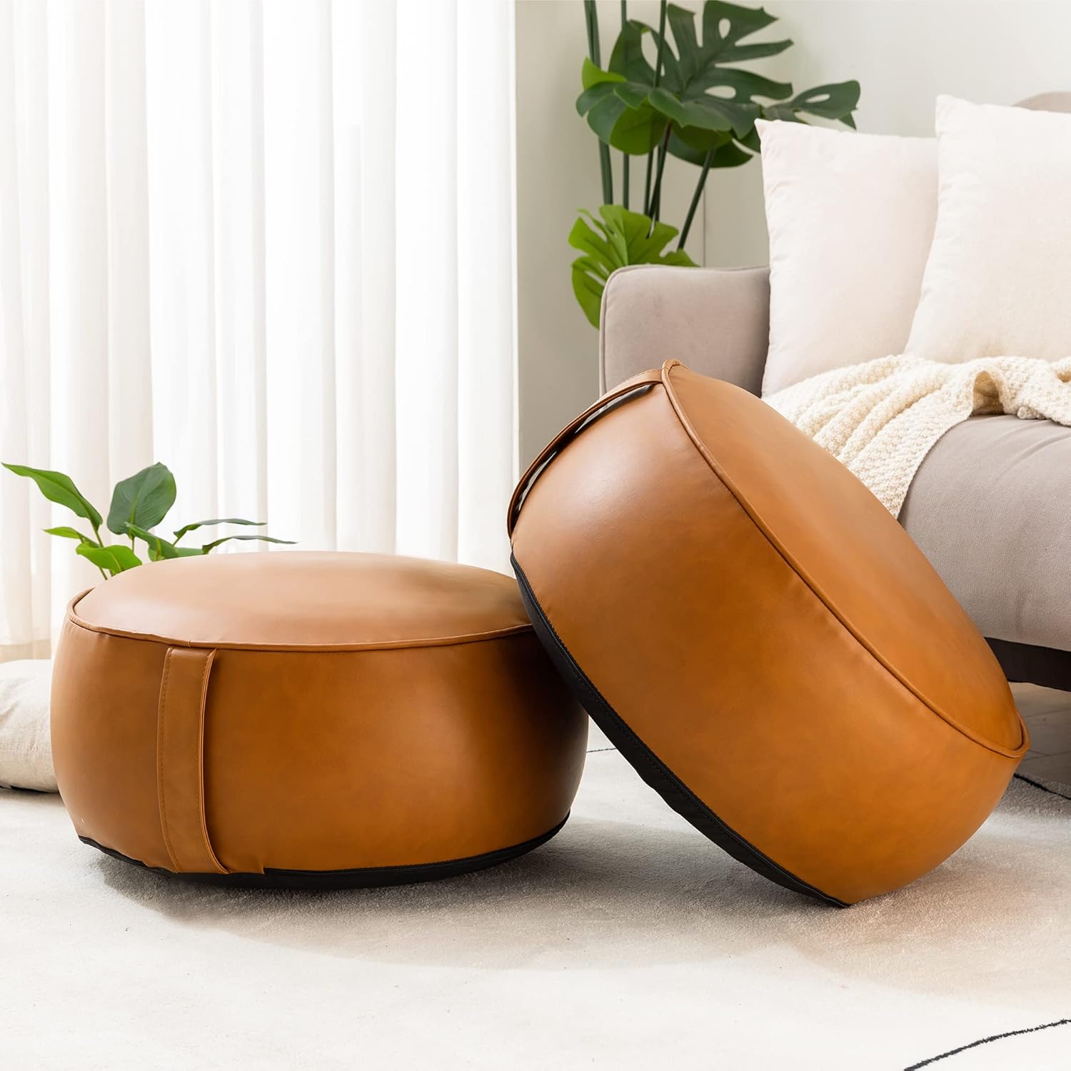 LUE BONA Stuffed Pouf Set of 2, Round Faux Leather Pouf