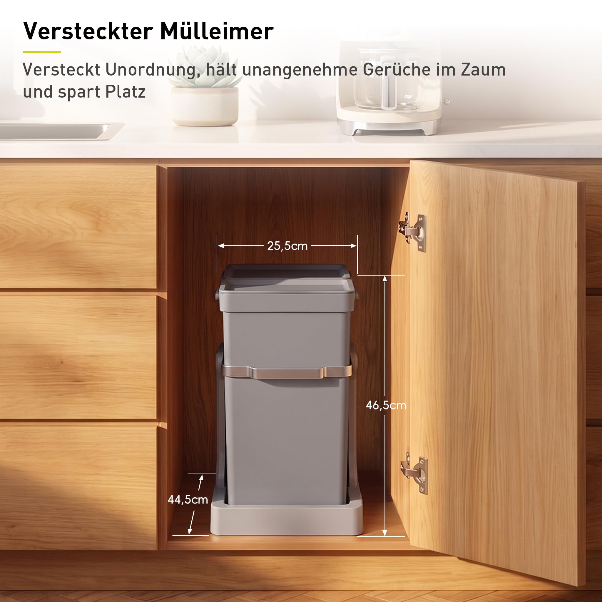 EKO DECO Mülleimer Küche Unterschrank, 20 L + 15 L, 2-fach Mülltrennsystem, ausziehbarer Mülleimer unter Spüle, Abfalleimer mit Deckel, Griff und Beutelhalter, platzsparend & leicht zu reinigen, Grau