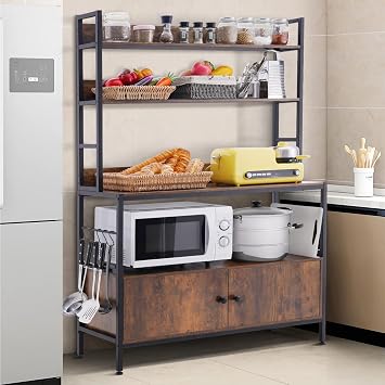 5-Tier Kitchen Bakers Rack with Storage,Large Bakers Rack with Cabinet, Heavy Duty Oven Stand Microwave,Free Standing Kitchen Utility Shelf with Storage,Spice Rack with Hooks