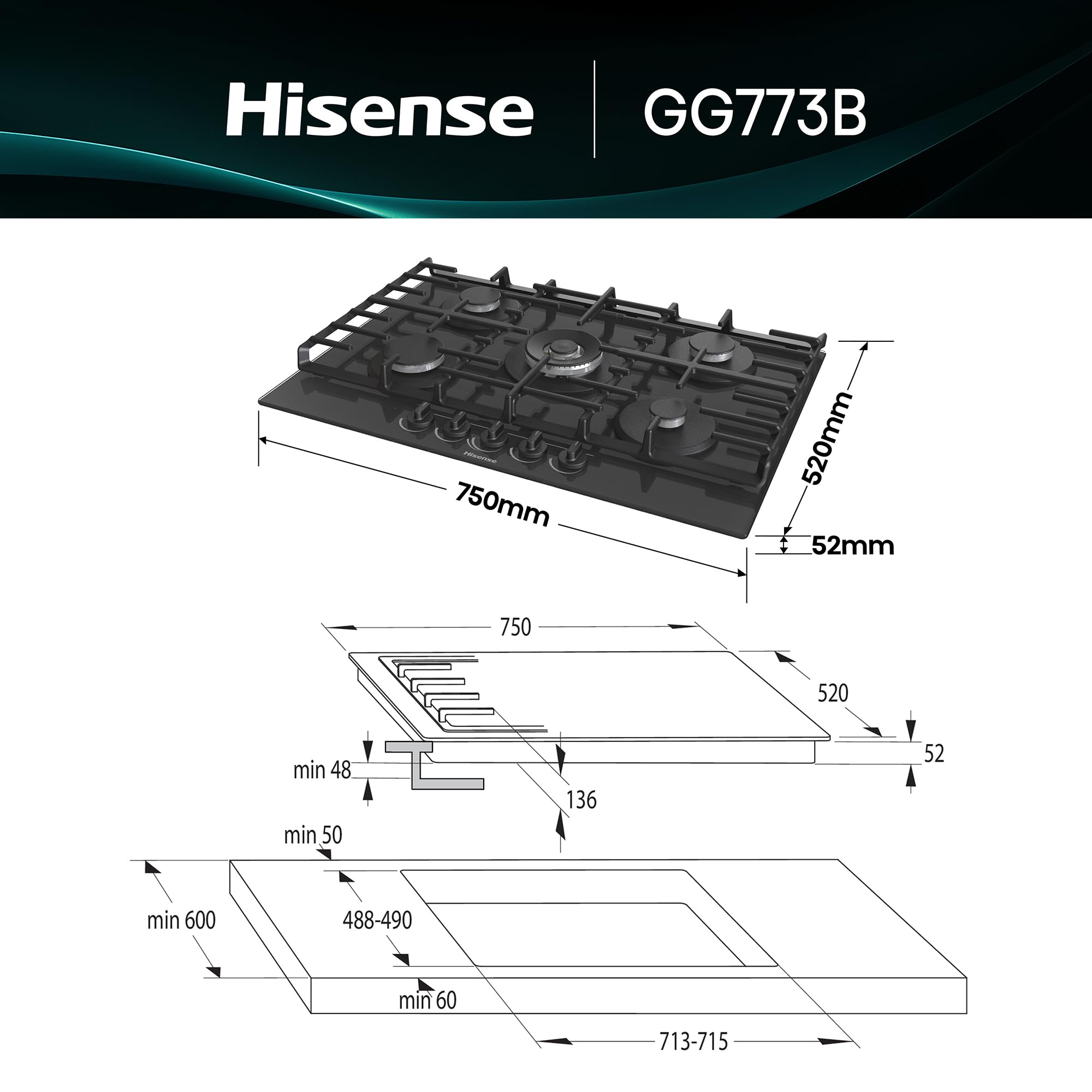 Hisense GG773B - Placa de Gas 5 Zonas, 1000W, Fondo 52cm, 5 Quemadores de Gas, Soporte de Hierro Fundido, Encendido con una mano, Quemador Wok, Superficie de fácil limpieza, Cristal Negro