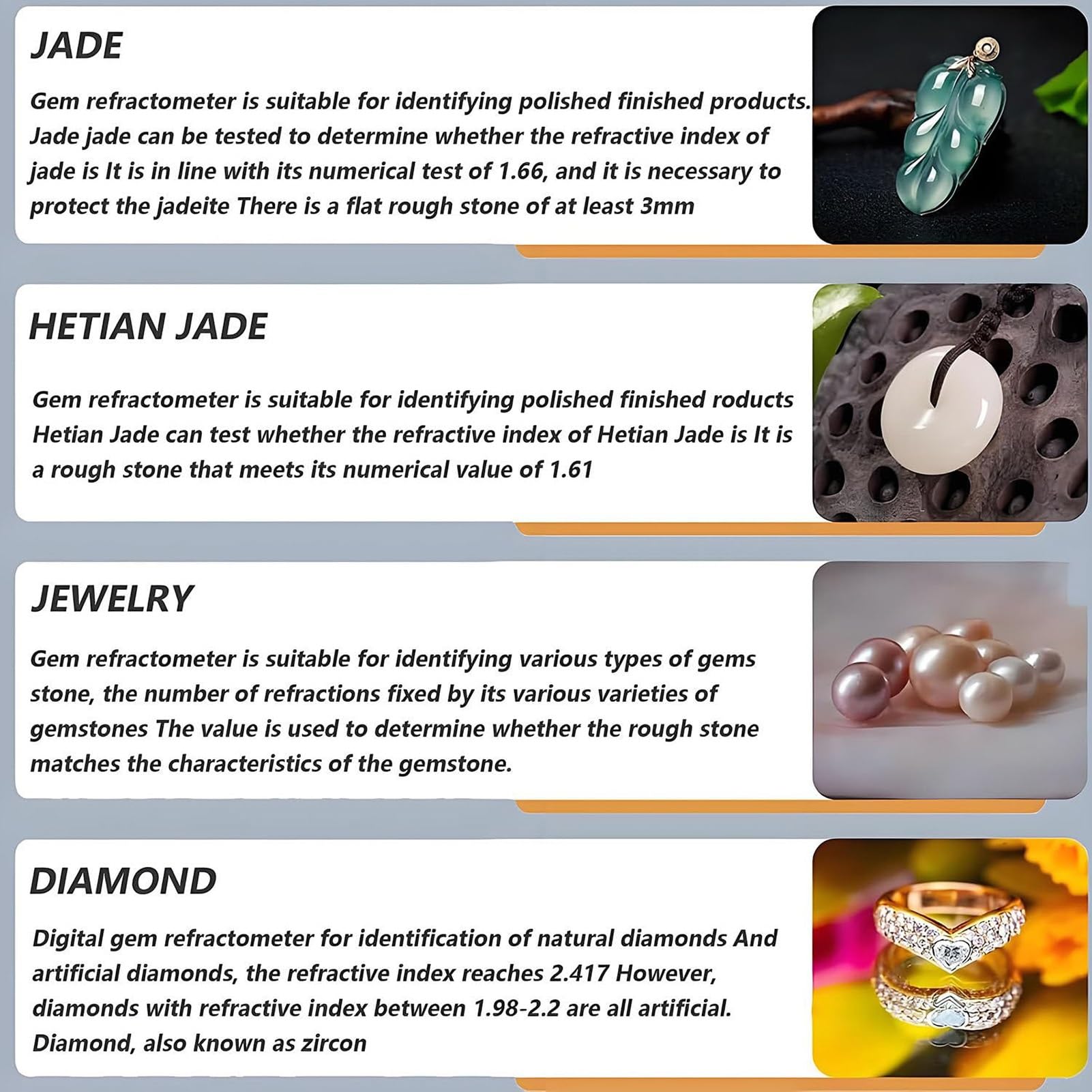 Réfractomètre portable - Outil de test de bijoux pour l'identification des pierres, mesure l'indice de réfraction 1.300-3.000, écran LCD rétroéclairé et étui de protection