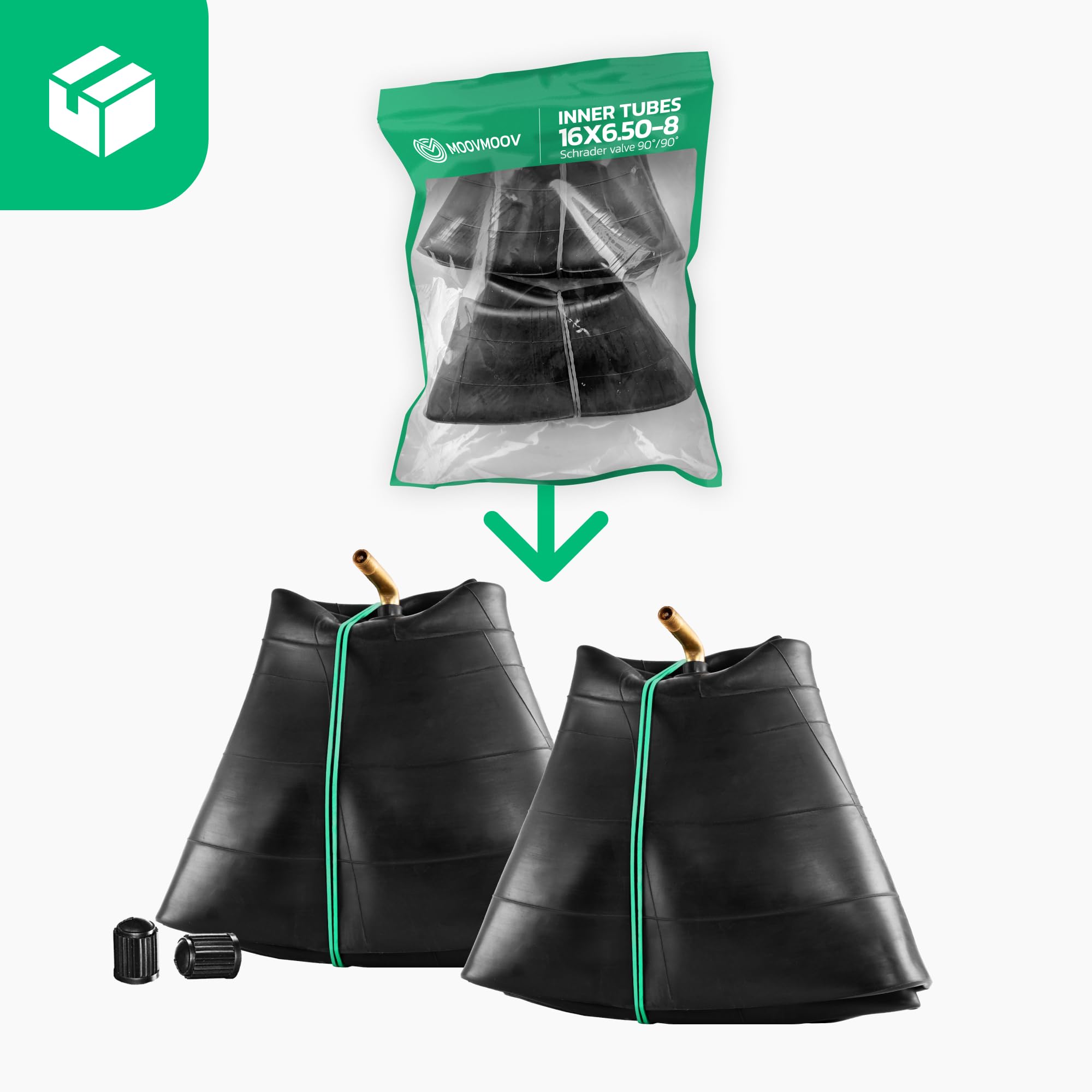MoovMoov Chambre à Air 16 pouces pour pneus 16x6.50-8 et 16x7.50-8 - Pour Tondeuse Autoportée, Tracteur Tondeuse, Remorque de Jardin, Voiturette de Golf - Valve coudée - Lot de 2 - 2