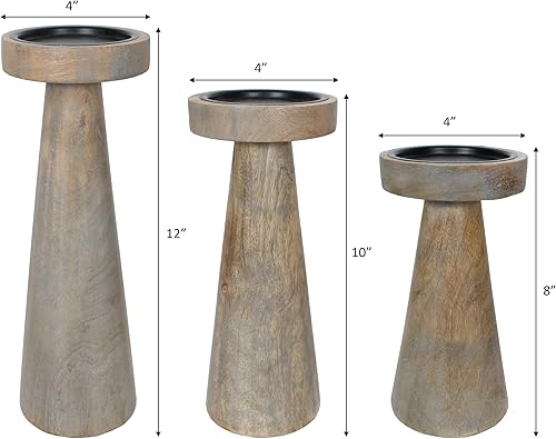 Miniatura 3 de Juego de 3 portavelas de madera de mango, 12 pulgadas, 10 pulgadas, 8 pulgadas de altura (gris lavado)
