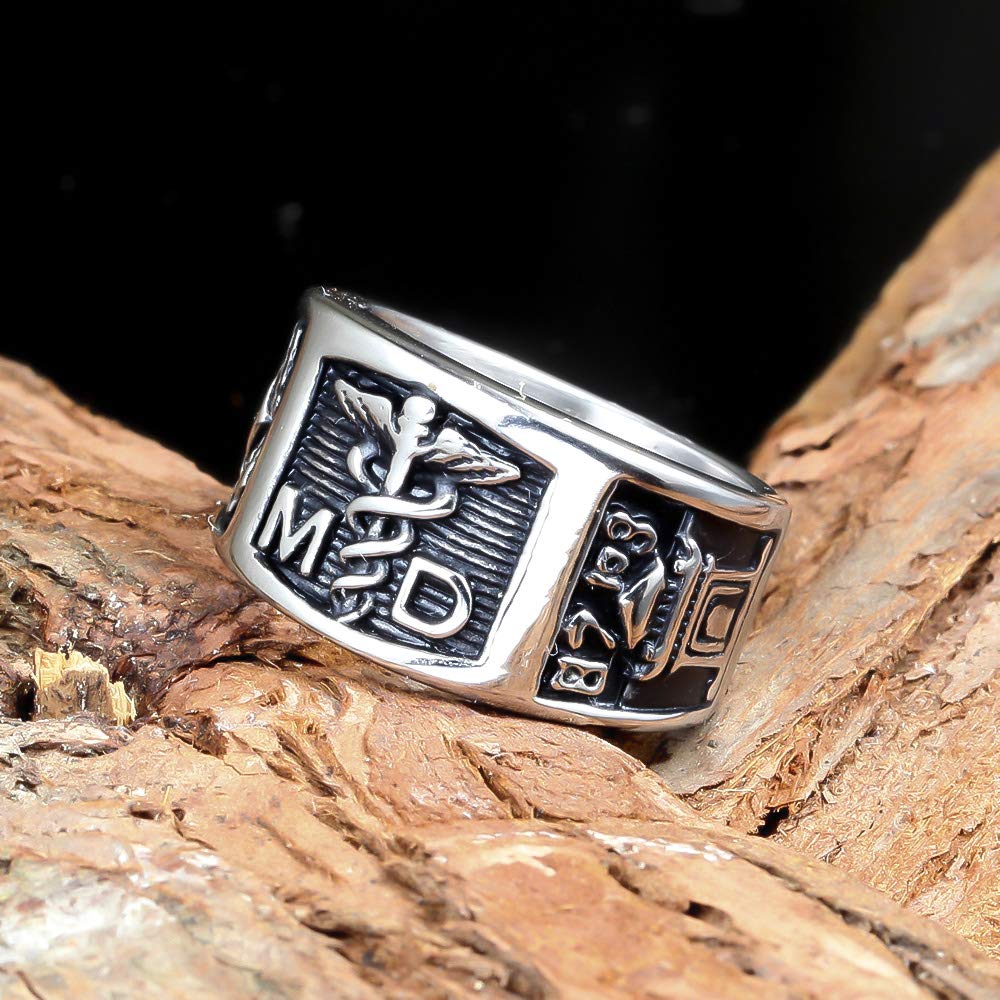 Anello con asta di Asclepio Caduceo simbolo medico MD Staff di Asclepio Caduceo Fascia in acciaio al titanio