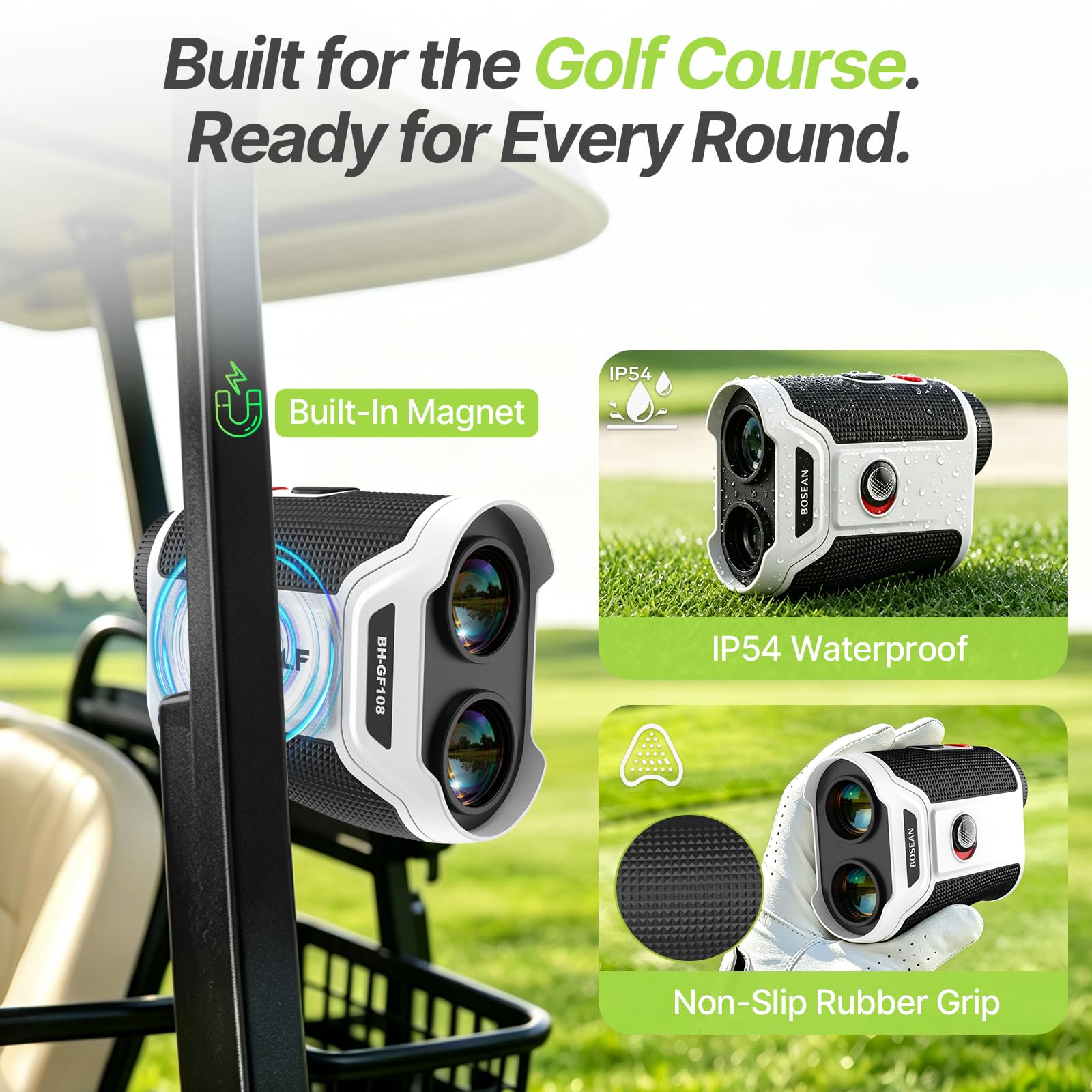 Buscador de rango de golf de 1200 yardas con pendiente de encendido/apagado, vibración de bloqueo de pin, tira magnética y aumento de 7x, pantalla transparente de alta definición, telémetro de golf