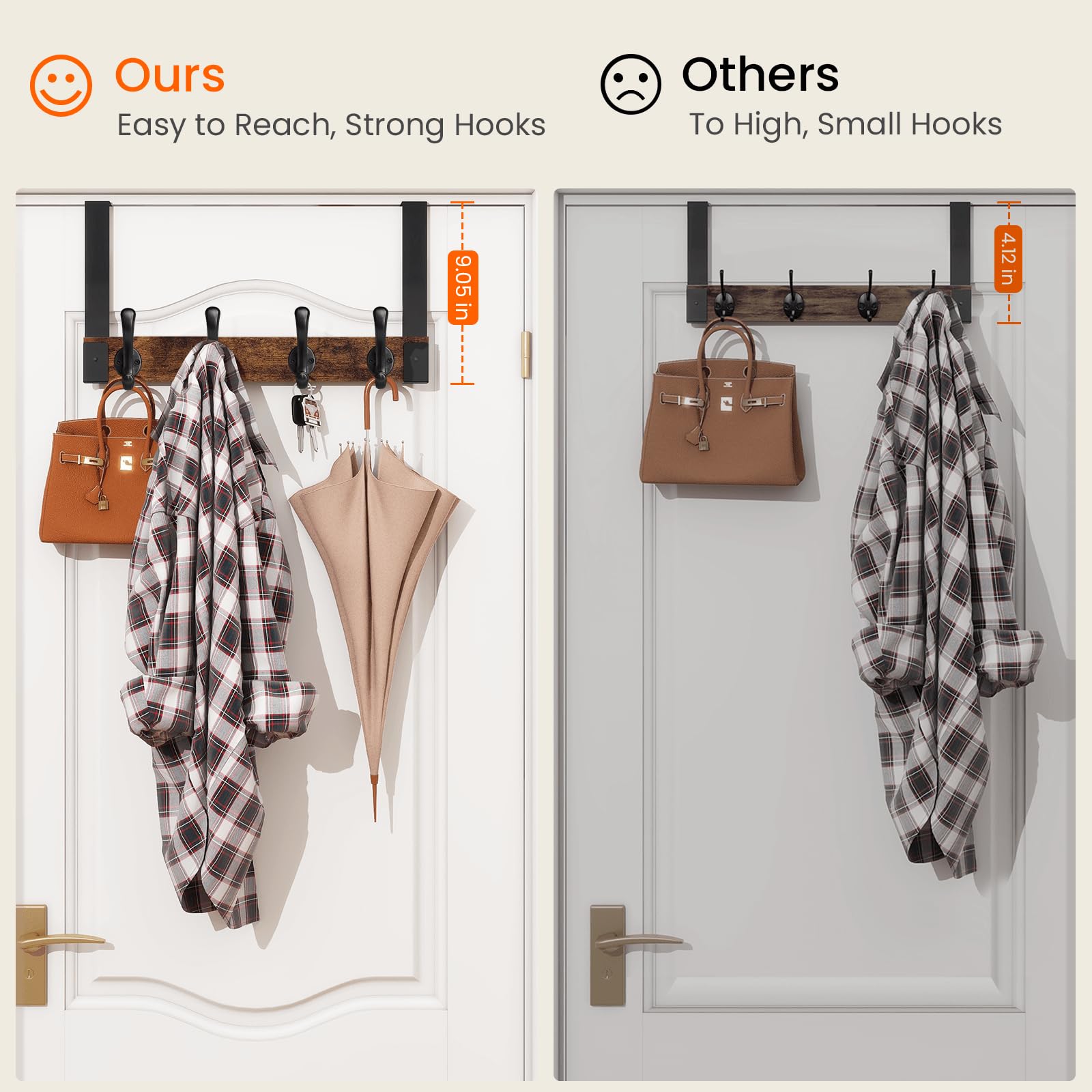 Homode Ganchos resistentes para colgar sobre la puerta, gancho de madera para colgar toallas, ropa, sombreros, bolsos, parte trasera de la puerta del baño, marrón rústico y negro