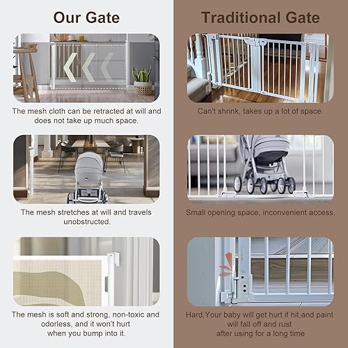 Miniatura 5 de Puerta retráctil de seguridad para bebés, 34 pulgadas de alto x 71 pulgadas de ancho, malla, para escaleras, puertas, perros, mascotas, interior,