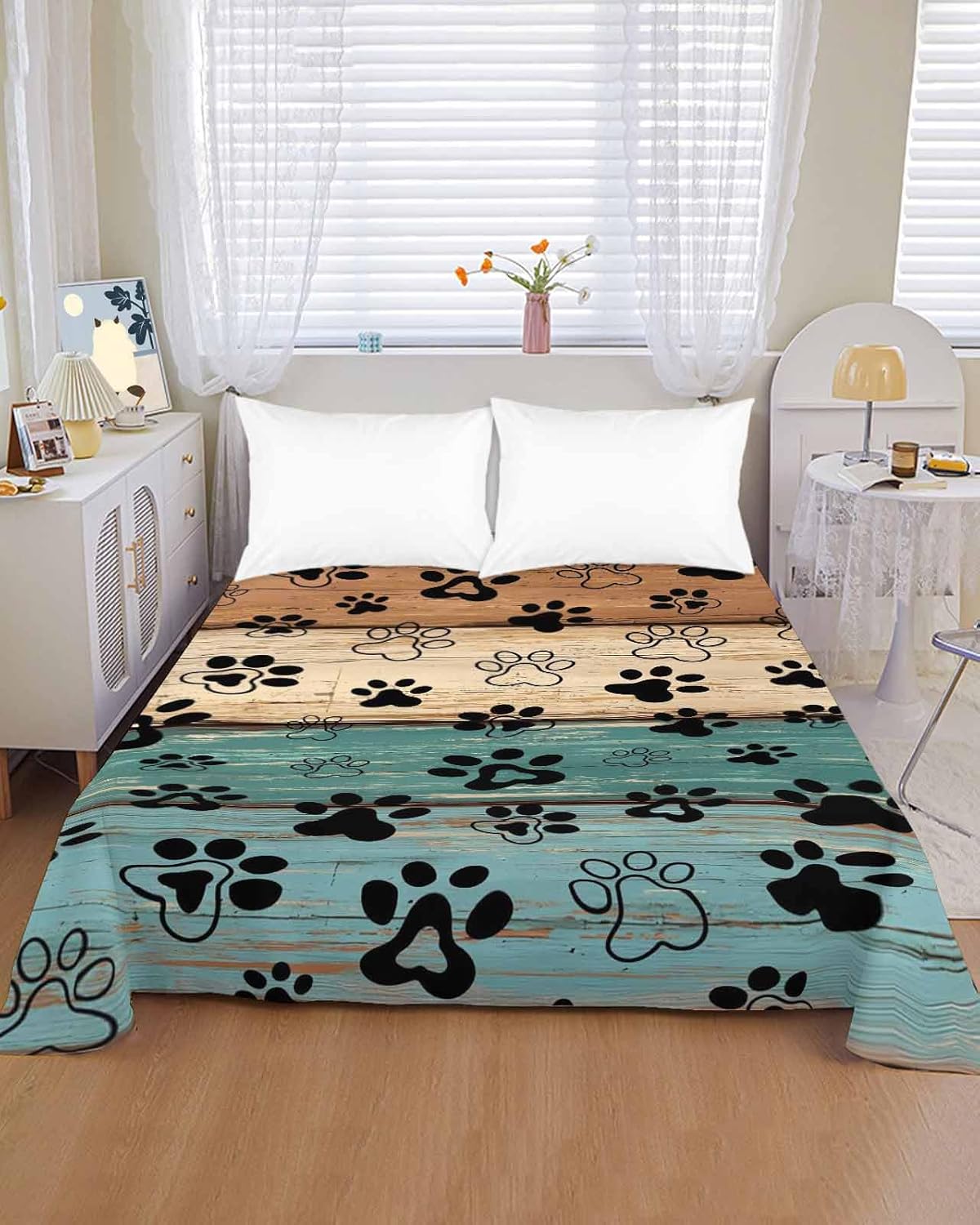 Top Sheet King Bedding Flat Sheet Only, Animal Dog Paw Print Farm Teal Wood Board Microfiber Bed Sheets Soft Breathable Bedding Flat Sheets, Country Wooden Grain Hotel Luxury Top Sheets