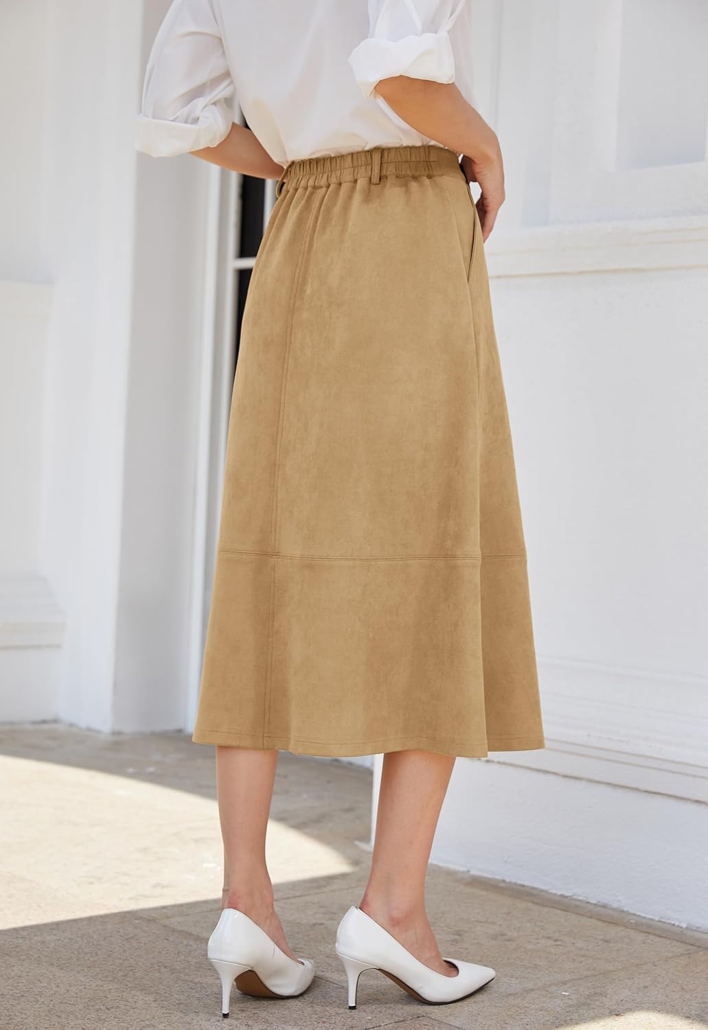 Women's Midi Faux Suede Skirt Flared Elastic High Waisted A-Line Winter Long Skirts for Women with Pockets - Image 3