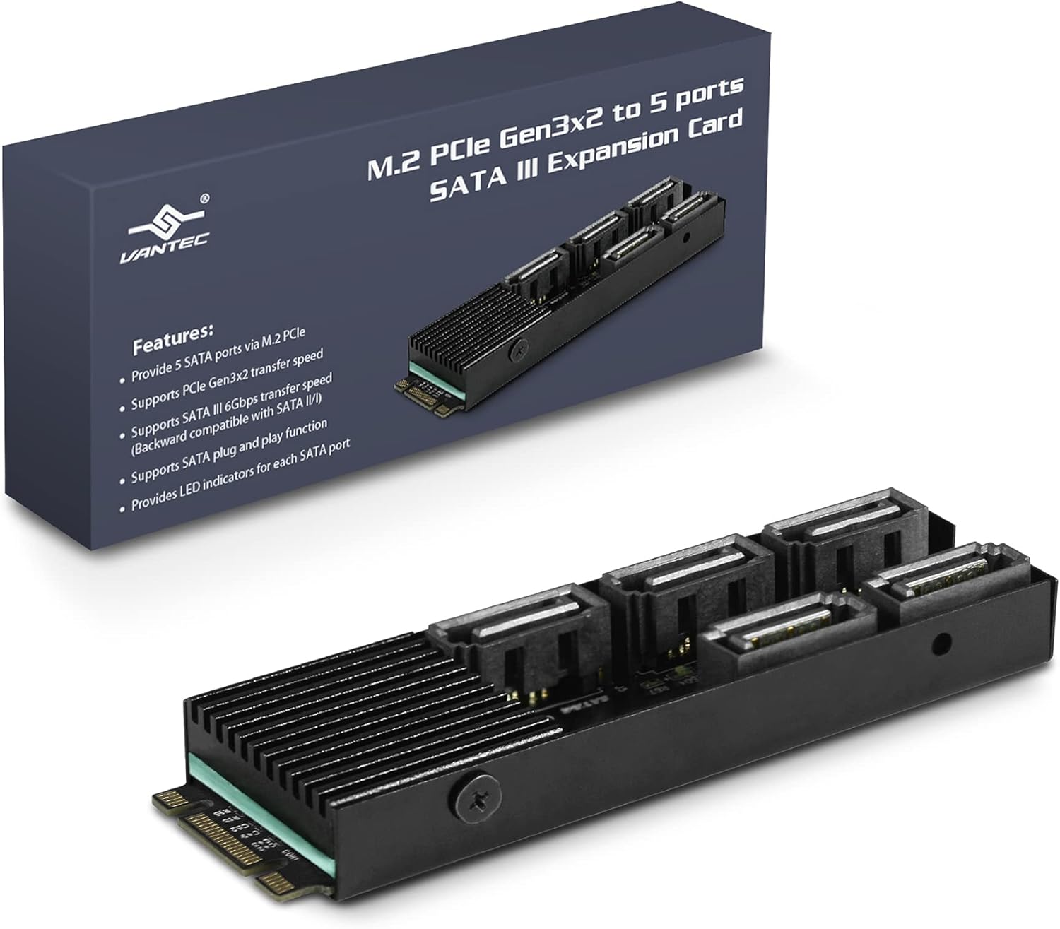 Vantec M.2 PCIe Gen3x2 B+M Key to 5 Ports SATA III Expansion Card (UGT-M2670)