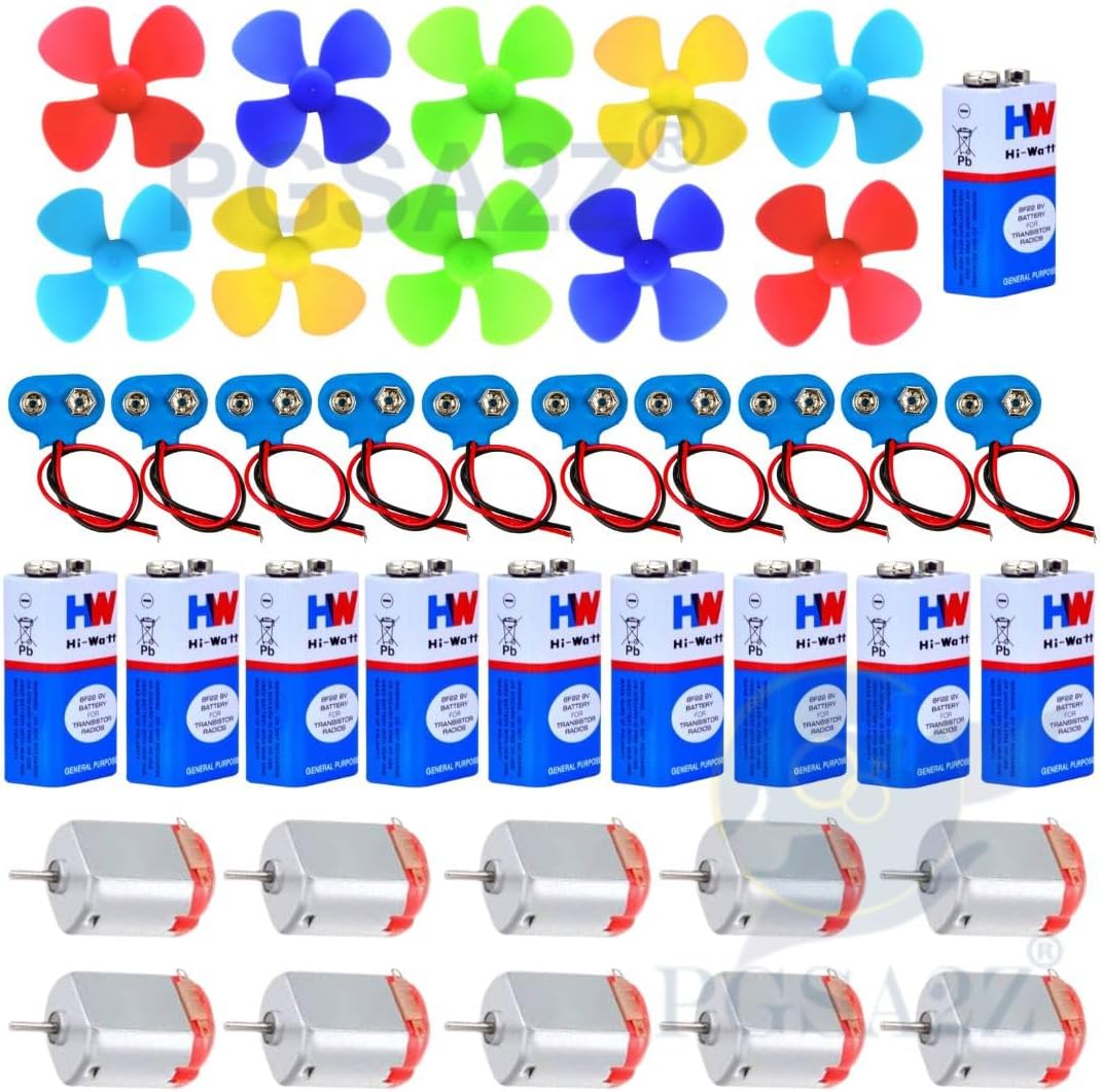 science kit for diy projects, dc motors,9v battery, fan, cap 10 pcs each.- Multi color