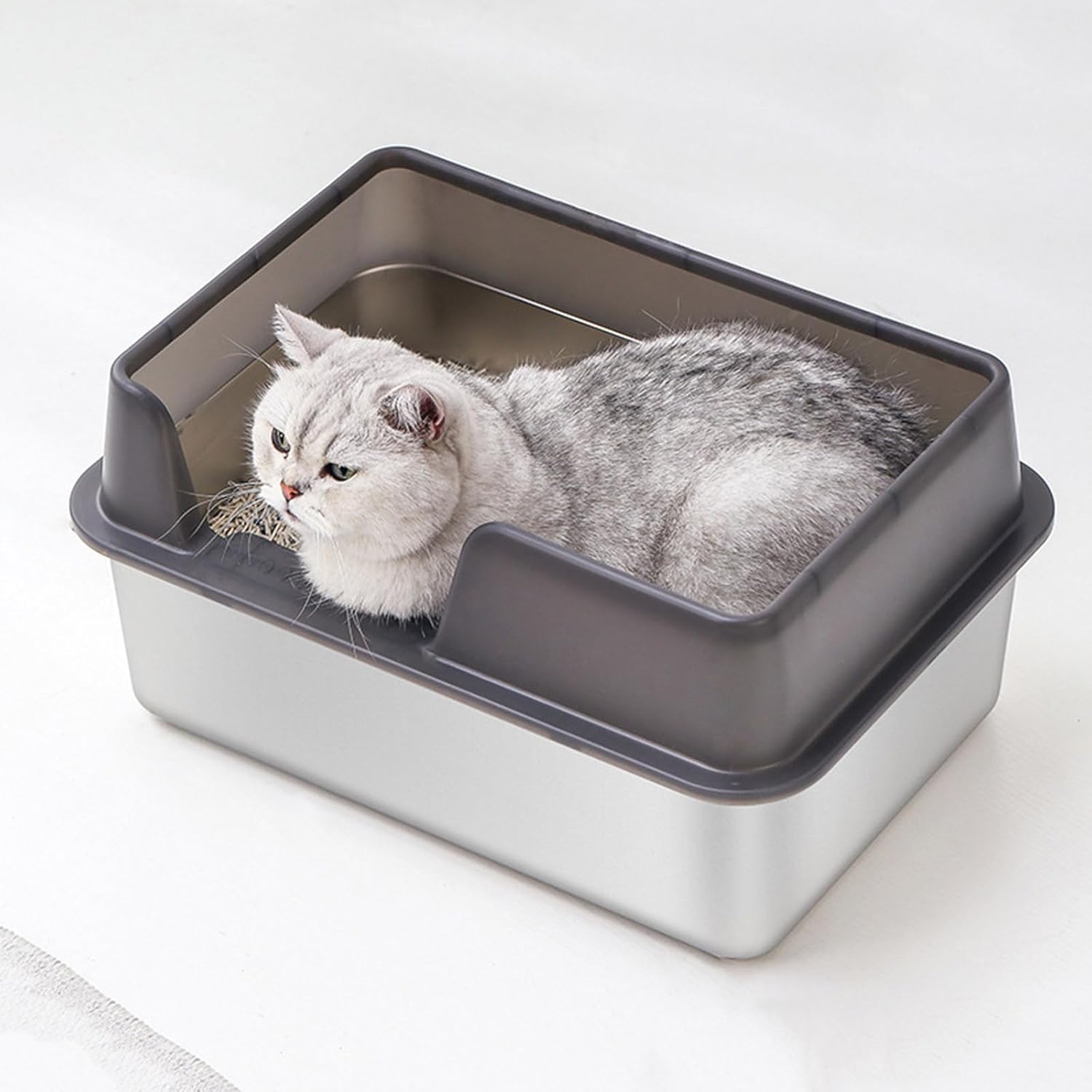 Cats Litter Box Stainless Steel High Side Height Smooth Surfaces Metal Pans Safe and Hard High Edges Spatter-Proof