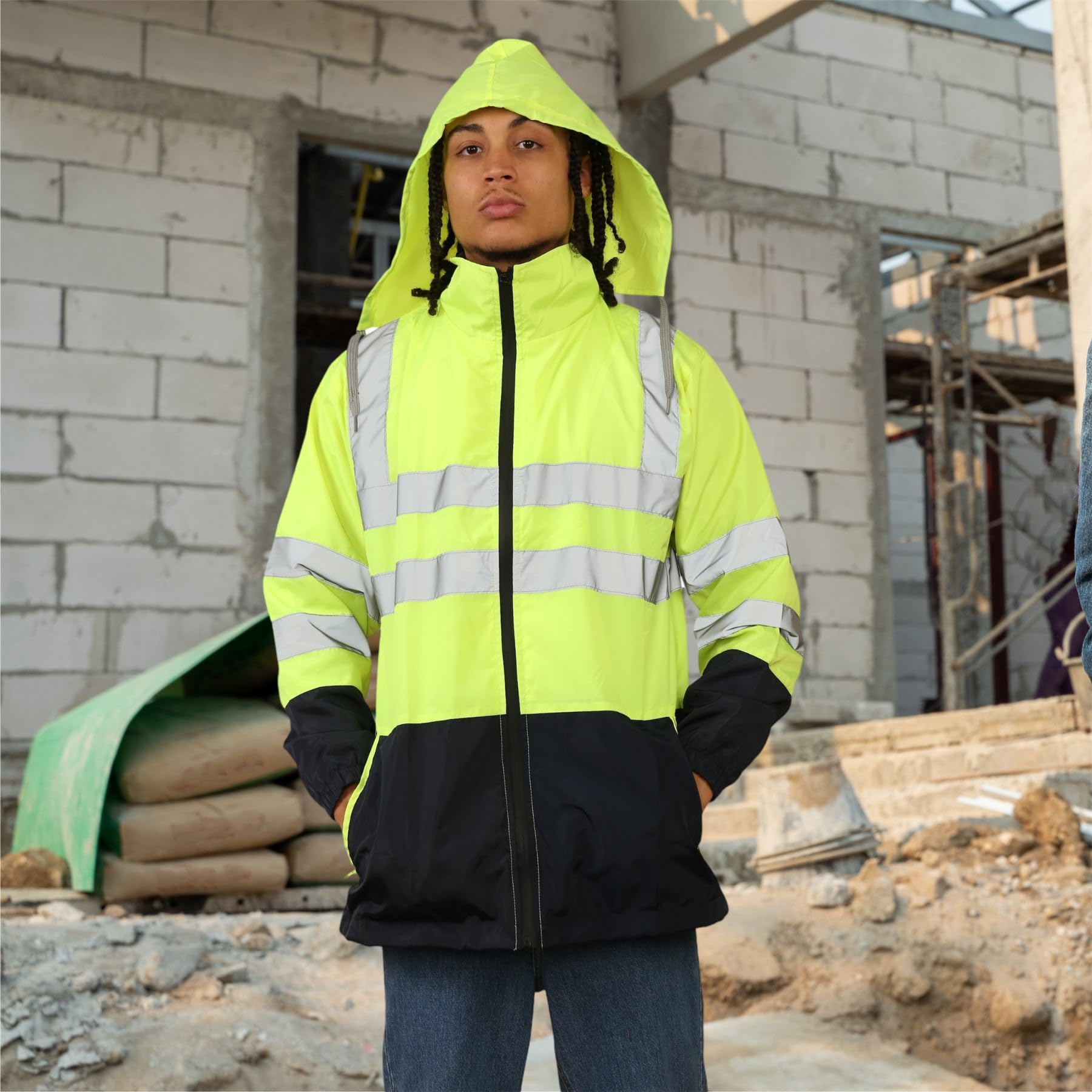 Janisramone® Chaqueta impermeable de alta visibilidad para hombre, chaqueta de trabajo con capucha reflectante y colores en contraste