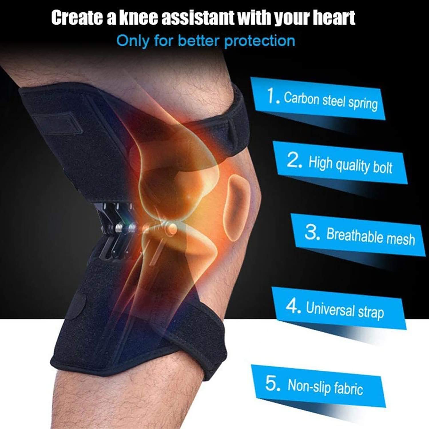 Rodillera de apoyo articular de resorte (paquete de 2) potente fuerza de resorte para correr, senderismo, artritis, levantamiento de rodilla