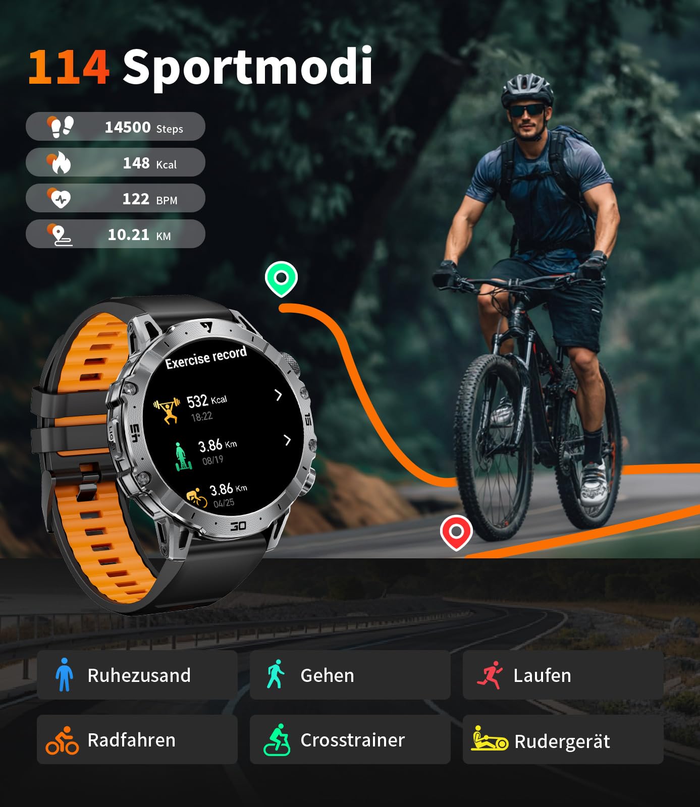 LIGE Smartwatch Herren Militär, 1000mAH Großer Akku, 1,7”HD Großes Display mit Telefonfunktion, LED Taschenlampe Fitnessuhr mit 110+ Sportmodi, Herz-/Schlaftracking,IP68 Sportuhr iOS/Android,Schwarz