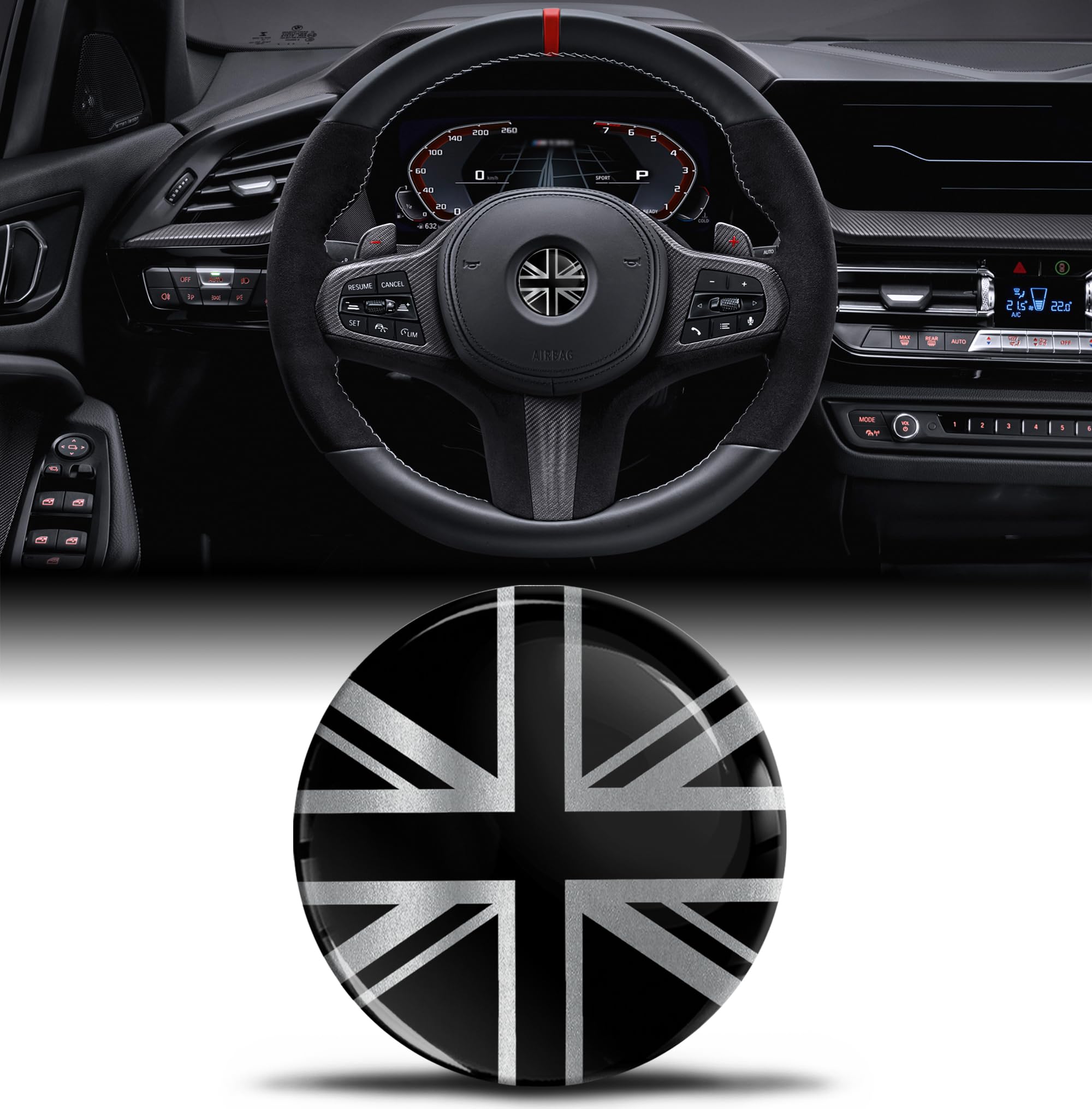 3D Silicone Sticker Compatible with BMW 36131181082 Emblem Steering Wheel 45 mm Badge Accessories Parts Decals Steering Wheel Decoration Black Silver British Flag V 21