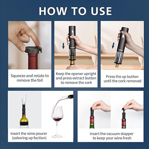 Miniatura 6 de Juego de abridor de vino eléctrico 5 en 1 con cortador de láminas  Kit de sacacorchos automático incluye vertedor aireador de vino y 2 tapones de