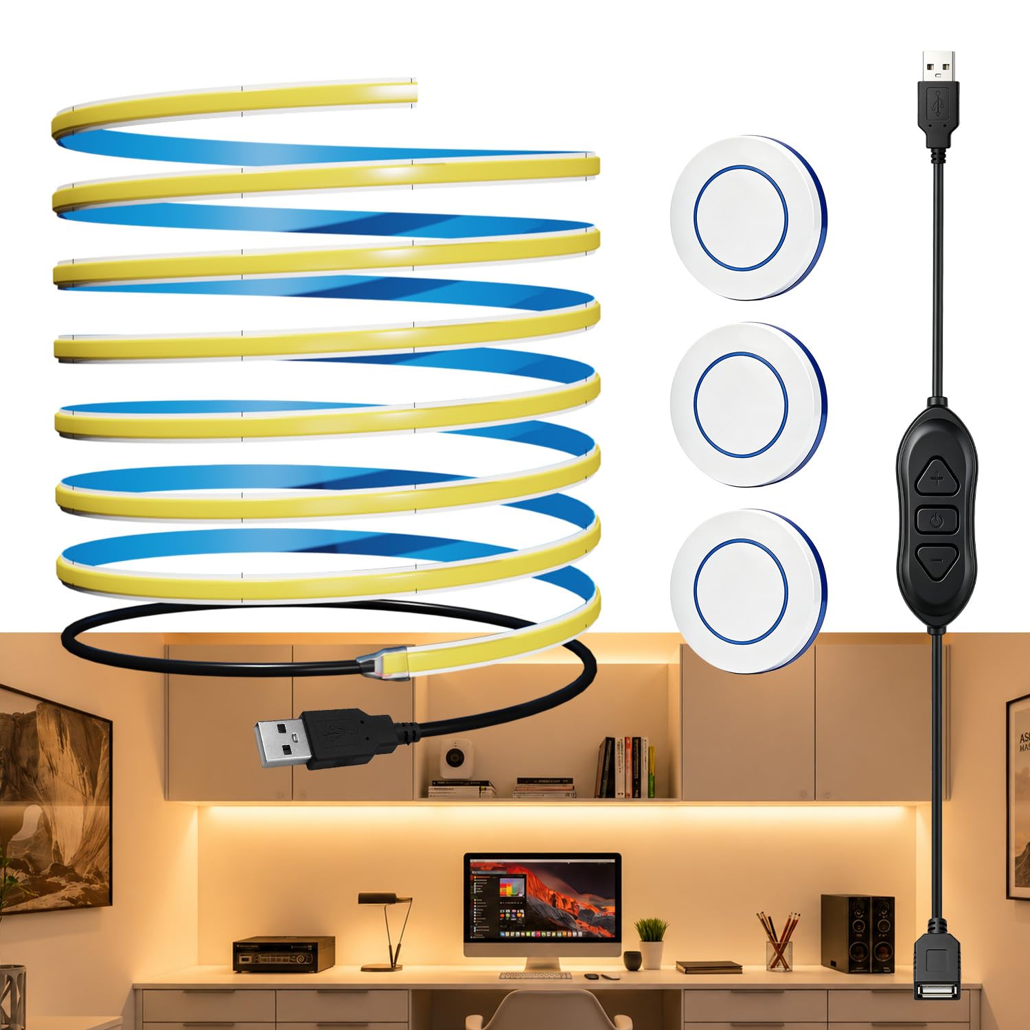 MDee 5V USB COB LED Strip with 3 Remotes, Dimmable, 2700K Warm White, 3M