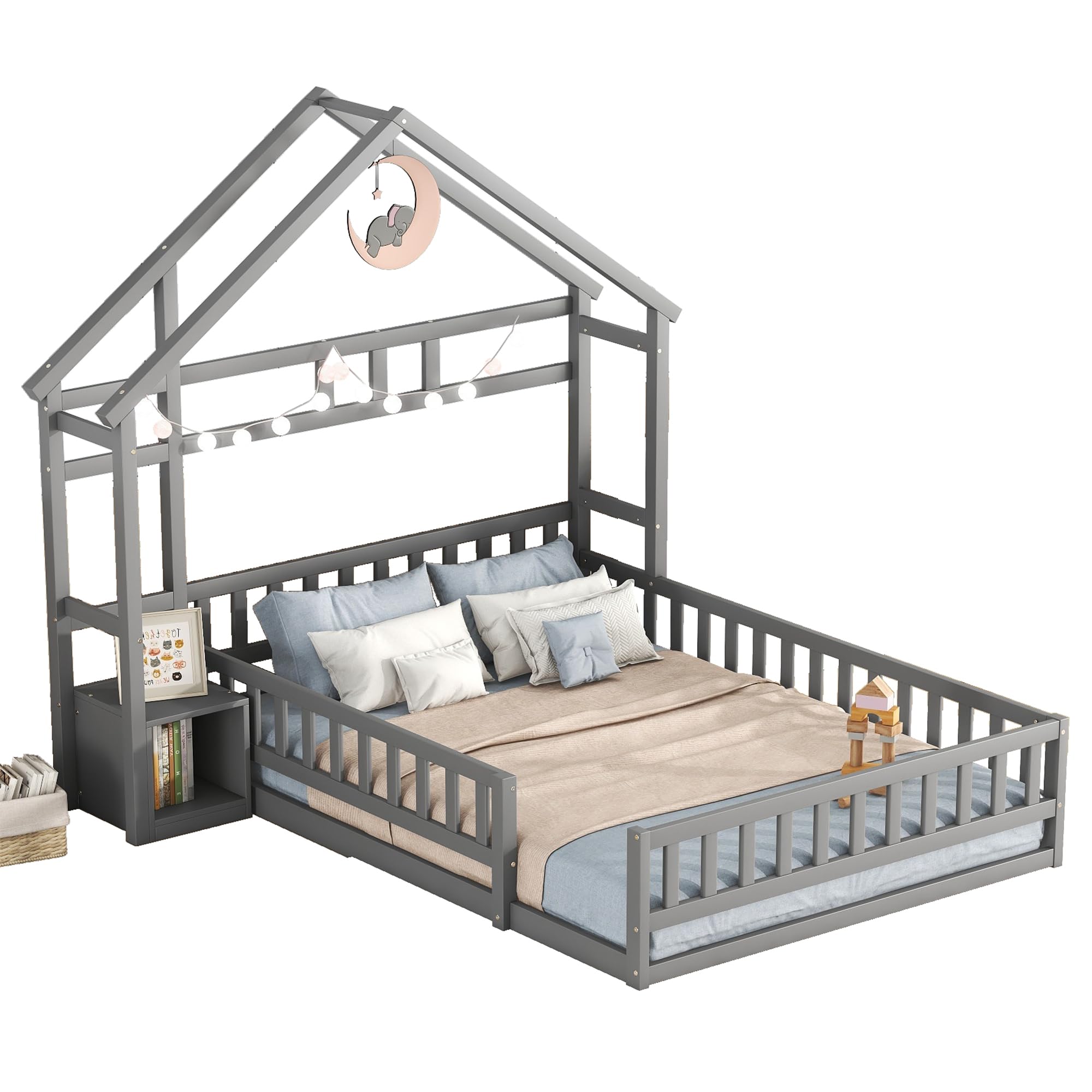 Dolamaní Bodenbett 140x200 cm Kinder mit Rausfallschutz -Montessori Kinderbett für Jungen & Mädchen, mit Nachttisch & Dekorative Haushalterung (Grau)