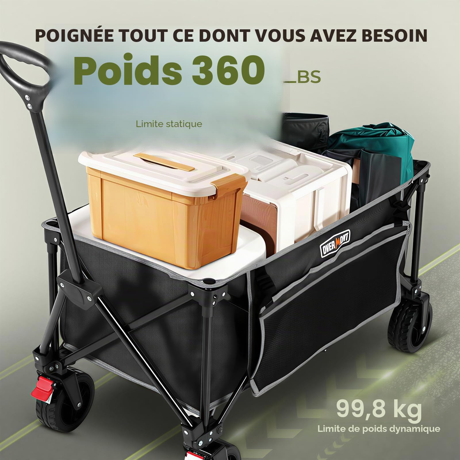 Overmont Chariot à Main Pliable avec Frein de Roue Avant Amovible - Roues Larges - Poche latérale - Porte-gobelet - Poignée réglable - Capacité : 150 I - Capacité de Charge jusqu'à 120 kg
