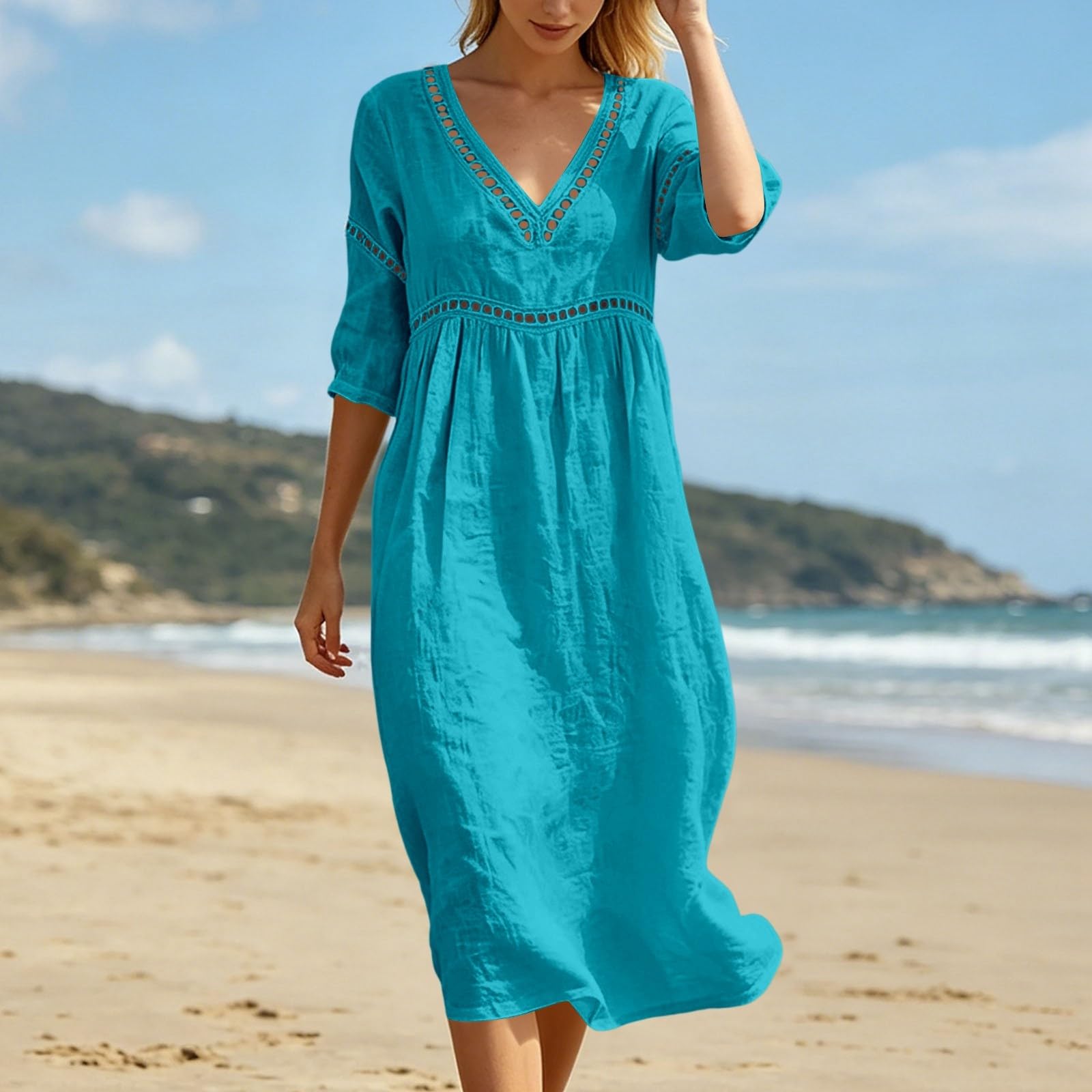 Vestito Lino Donna Estivo Abito Estivo da Donna a Maniche a 3/4, Abito Casual con Scollo V, in Cotone, Camicetta, Casual, Abiti Tunica Bianco Lungo