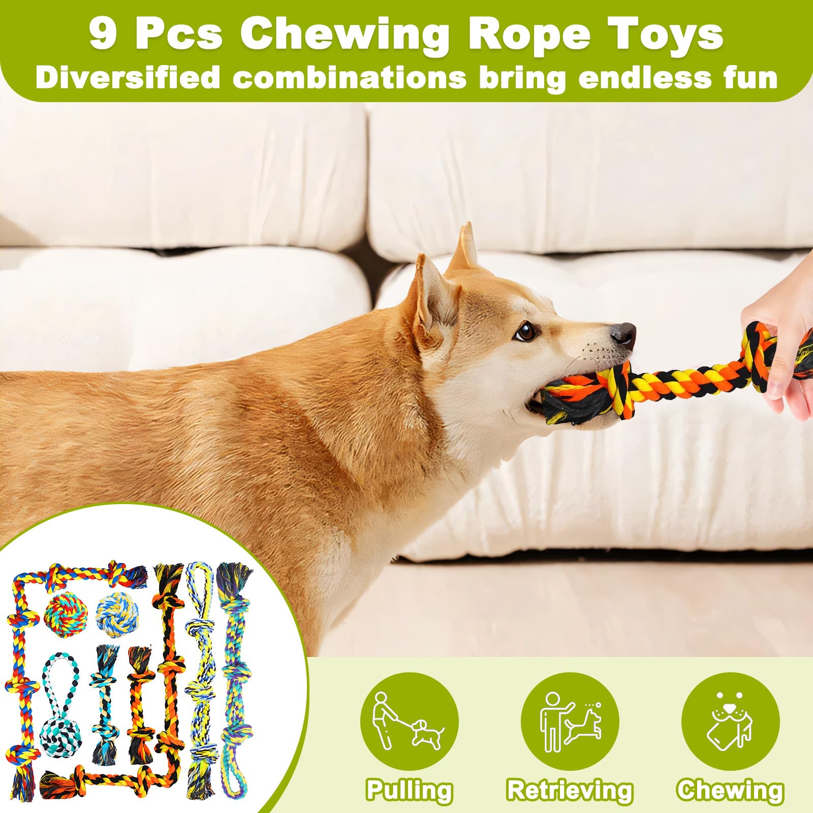 9Pcs Giocattoli Corde Cani Grandi, 5 Nodi Giochi Dentizione Interattivi Masticatori Aggressivi Resistenti, Gioco Corde Cane Masticare Cotone Indistruttibile per Pulizia Denti Masticazione Aggressiva